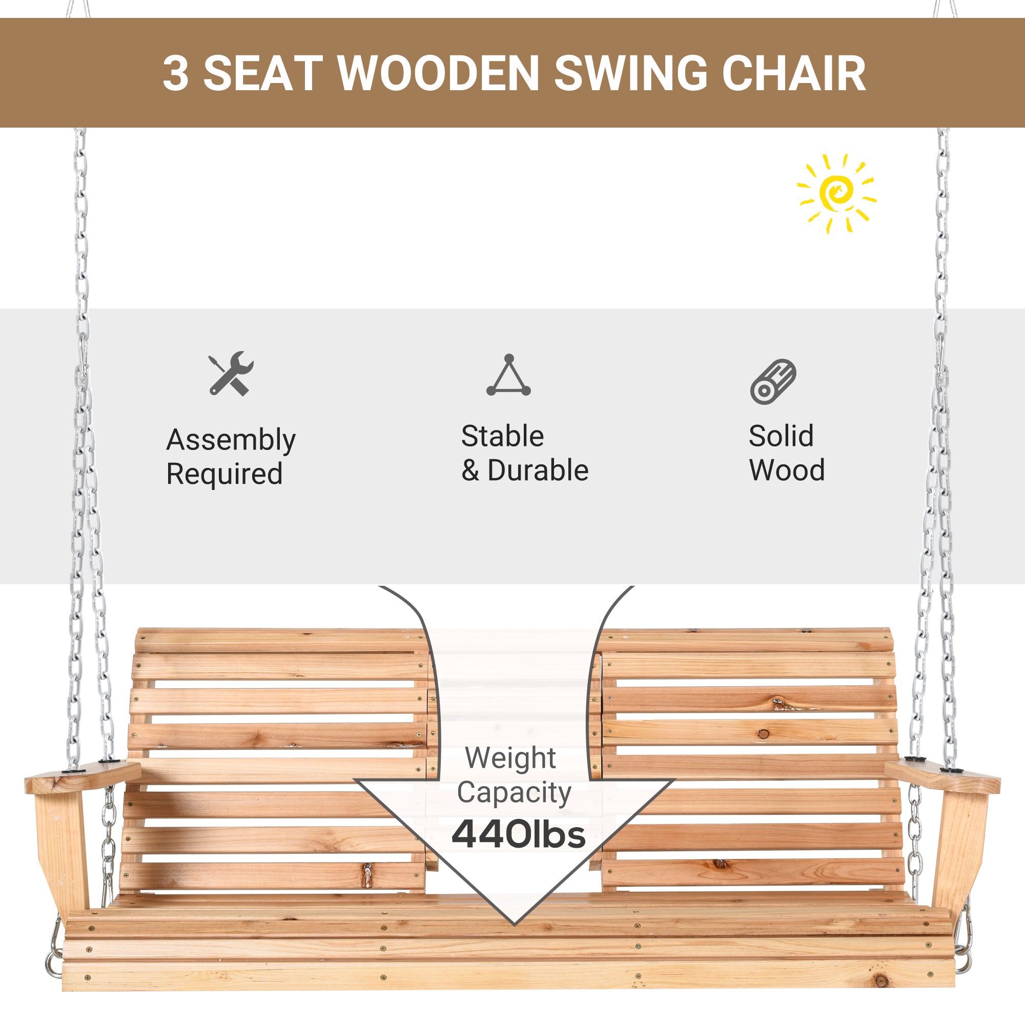 3-Seater Wood Porch Swing, Patio Swing Bench with Folding Coffee Table, Cup Holders, 440lbs Weight Capacity, Natural