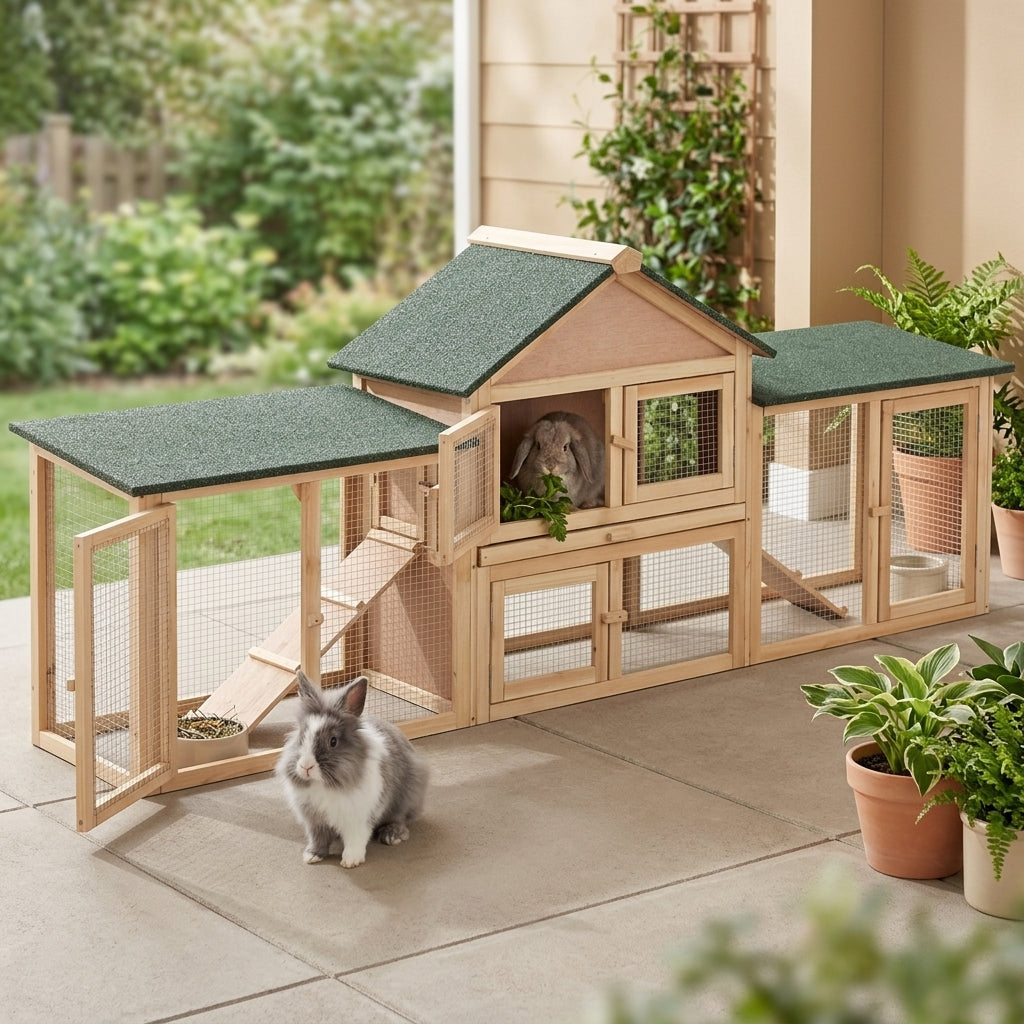 Rabbit Cage Outdoor, Rabbit House 83" 2 Story Deluxe XL Wooden Rabbit Hutch Big Bunny Cage w/ Ladder and Run