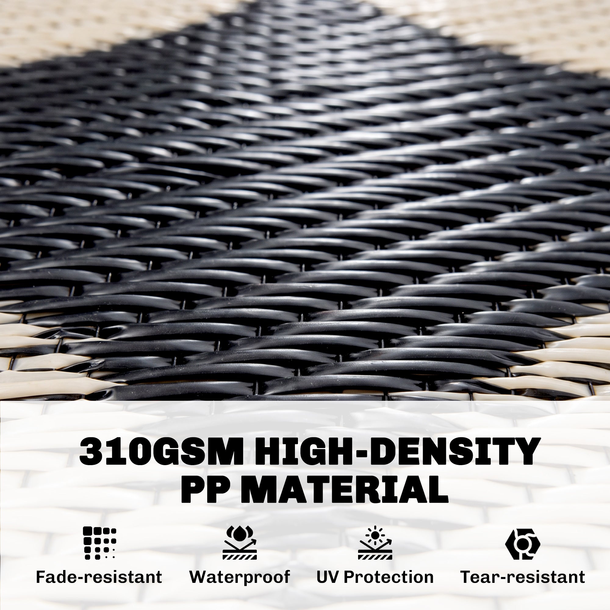Reversible Outdoor Rug, Waterproof Plastic Straw with Carry Bag, 9' x 12', Black & Beige Rhombus