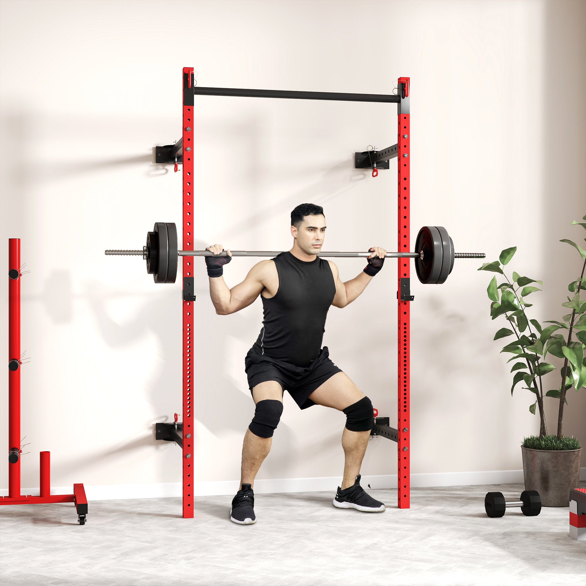 Folding Squat Rack with Pull Up Bar, Wall Mounted and Adjustable, 1000 Pounds Capacity Power Rack, Red