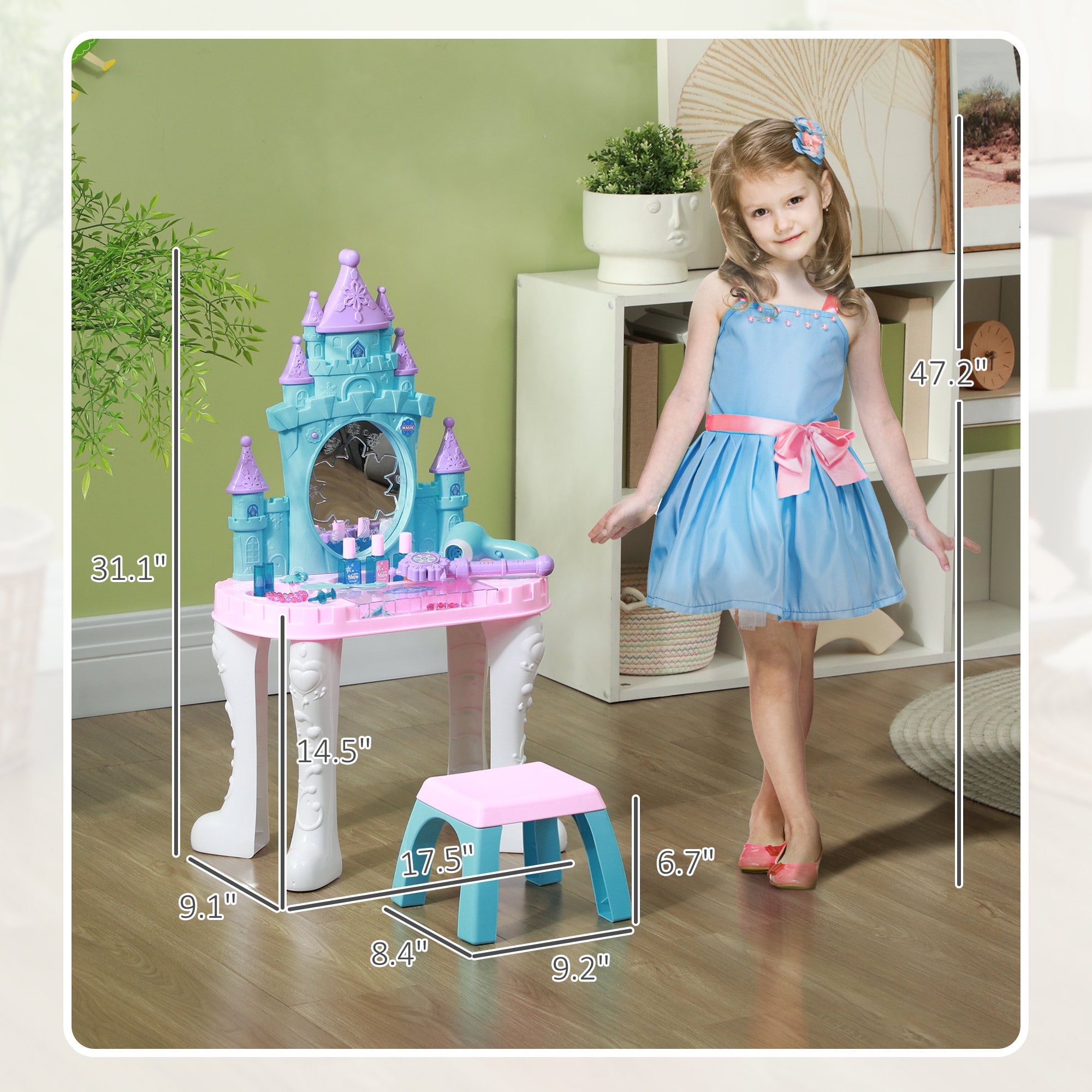 Kids Vanity Set with Mirror and Stool, Light, Music, Castle Design Makeup Table for Girls 3-6 Years, Multicolor