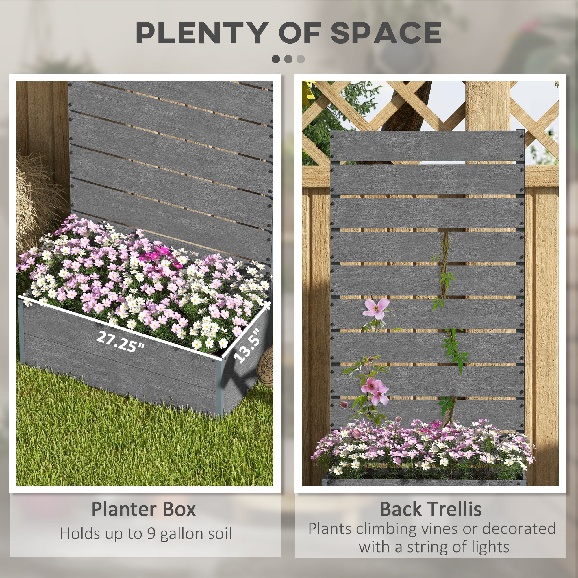 Trellis Planter for Climbing Plants, Raised Garden Bed with Trellis, Planter Box for Outdoor, 28.25" x 15" x 59", Gray