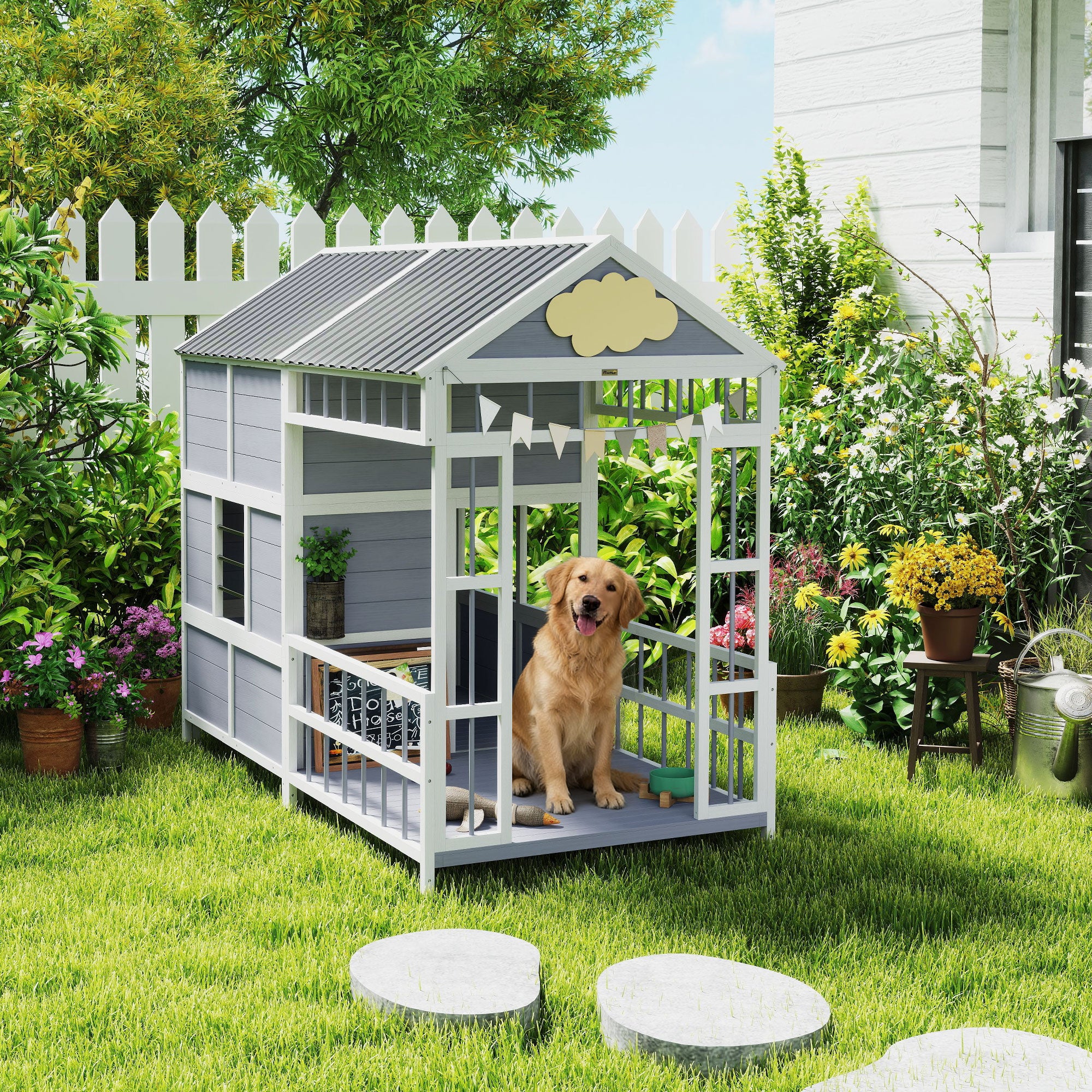 79"L Large Dog House Outdoor, Wooden Dog Kennel with Porch, Storage Cabinet,Weatherproof Roof, Windows