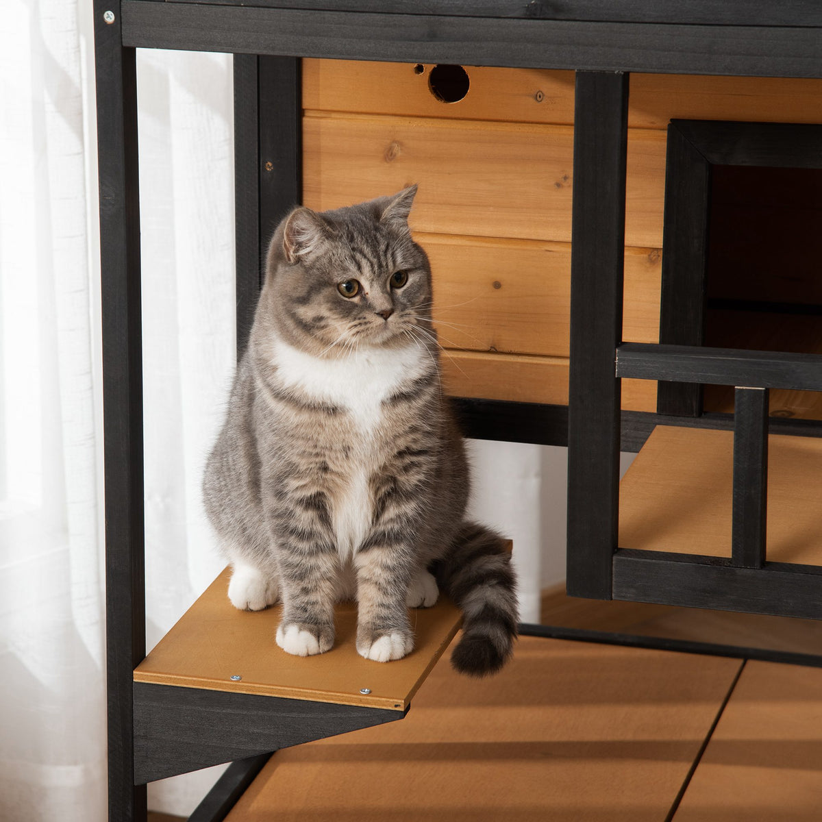 Wooden Outdoor Cat House, Feral Cat Shelter Kitten Condo with Asphalt Roof, Escape Doors, Condo, Jumping Platform, Yellow