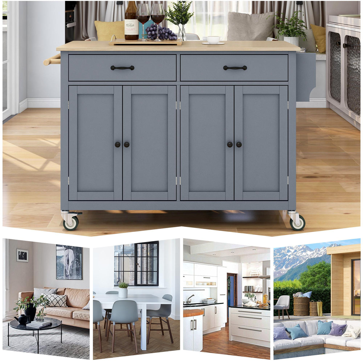 Kitchen Island Cart with 4-Door Cabinet, 2 Drawers, Solid Wood Top, Locking Wheels, Spice and Towel Racks, 54.5" L x 18.5" W x 36" H, Blue
