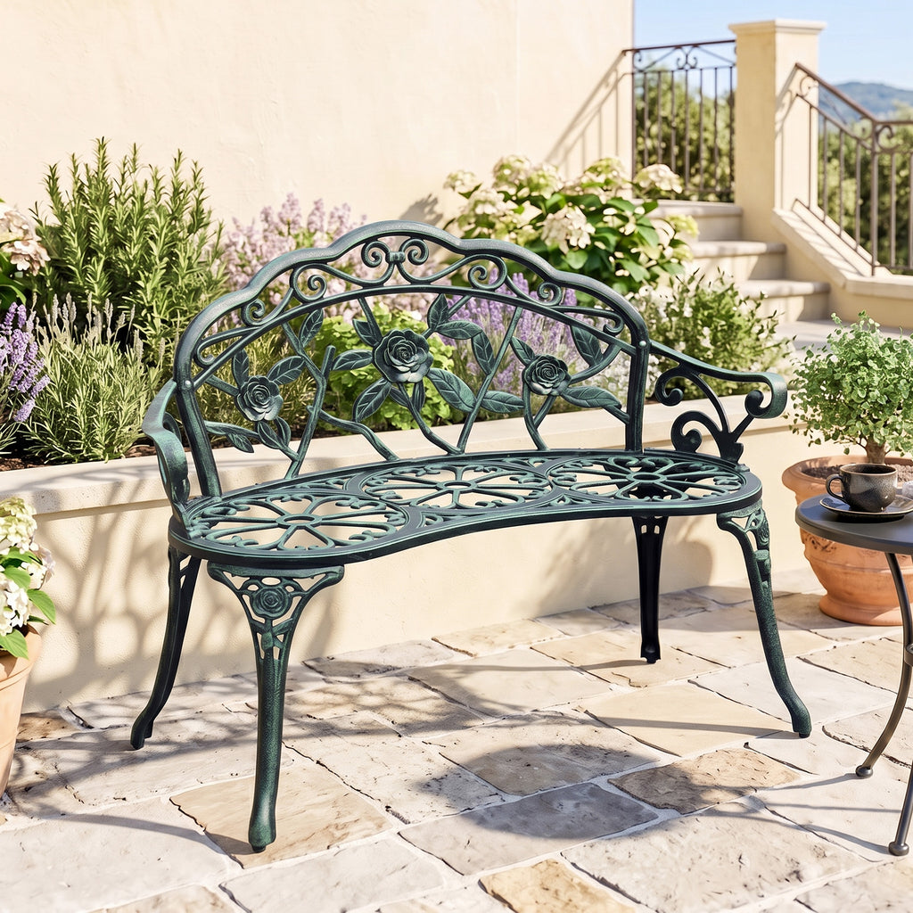 Outdoor Bench, Cast Aluminum Outdoor Furniture, Metal Bench with Floral Rose Accent & Antique Finish, Green