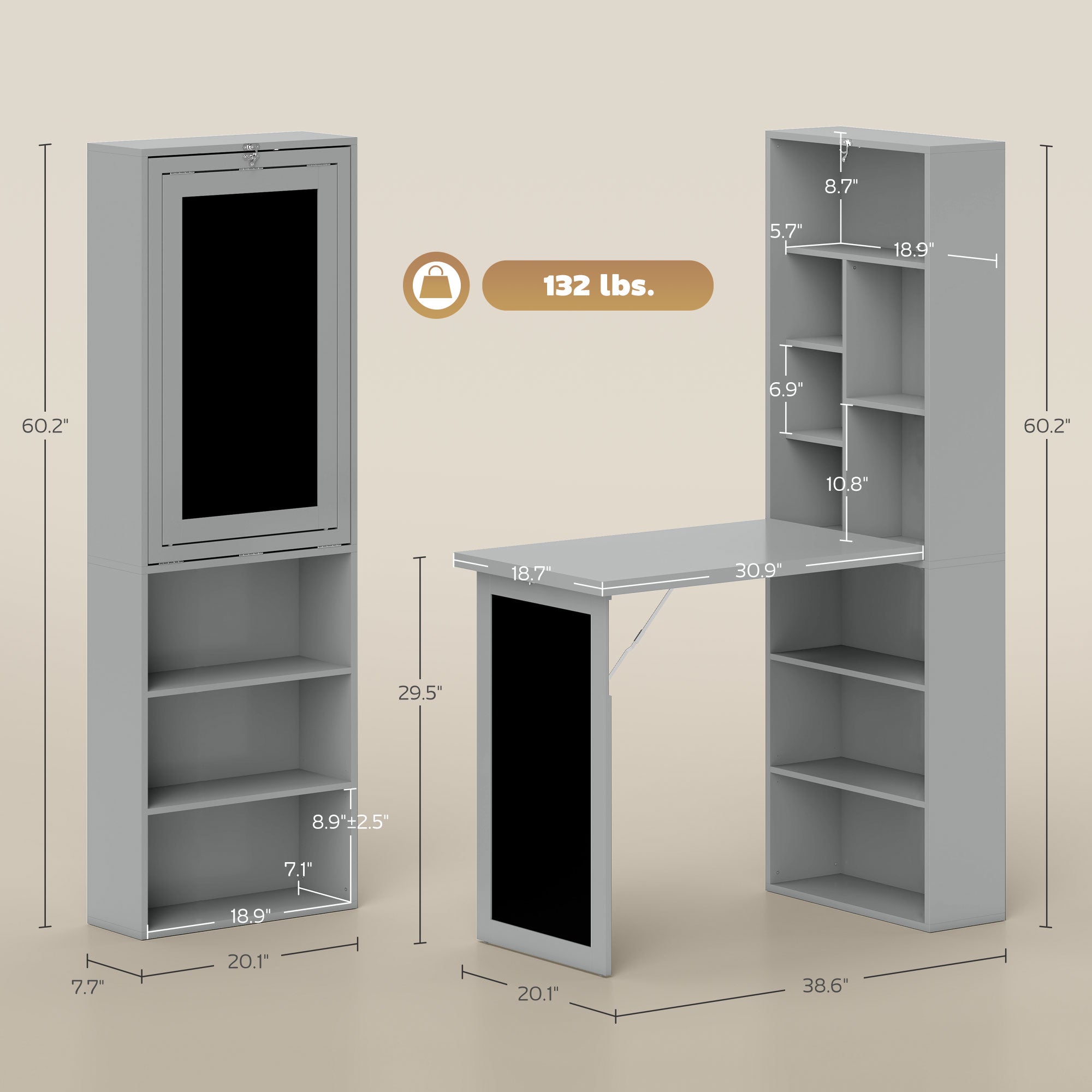 Fold-out Convertible Office Desk, Wall Mount Computer Desk with Blackboard and Side Shelf, Charcoal Gray