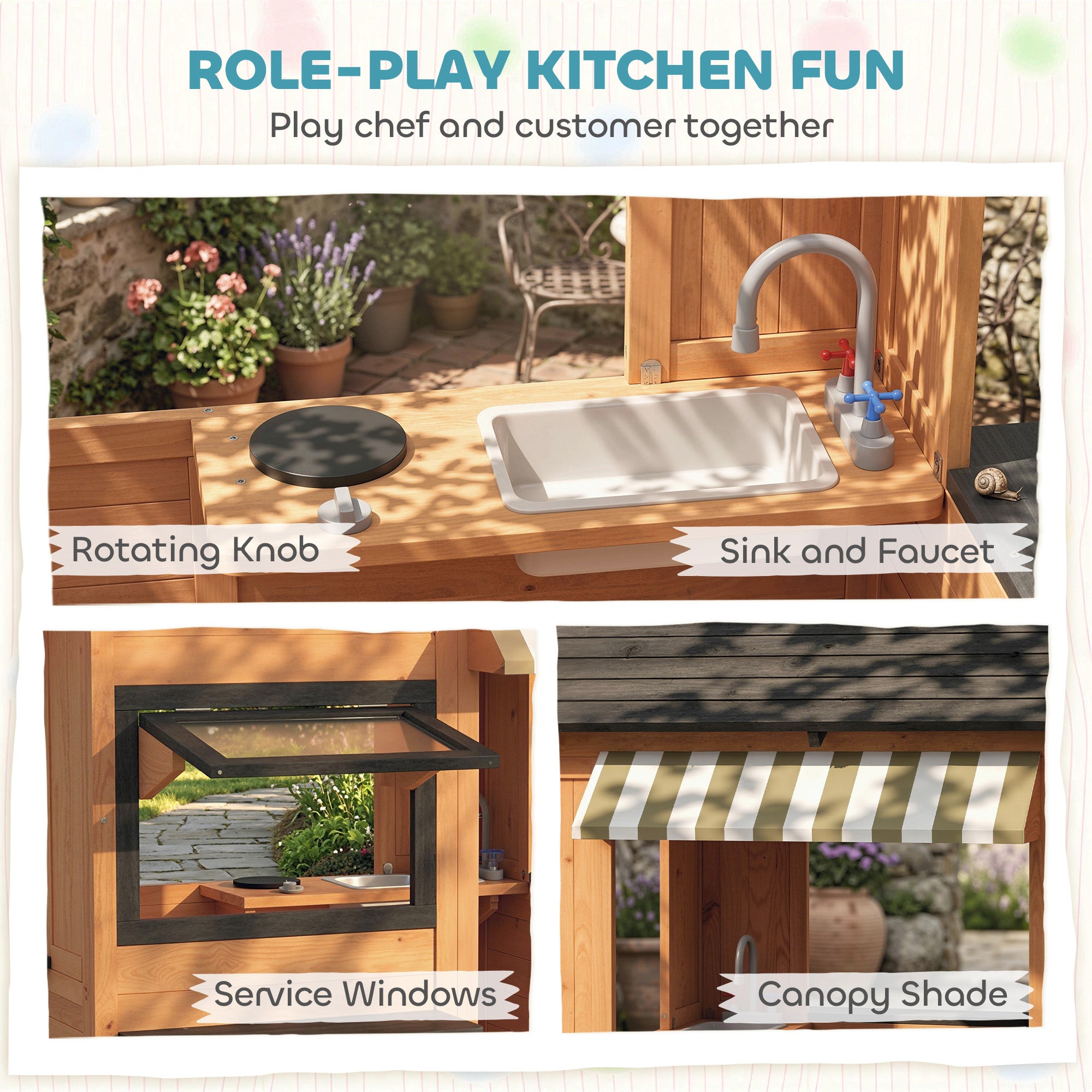 Wooden Kids Playhouse with Play Kitchen, Picnic Bench, Serving Station, Windows and Door for Backyard, Ages 3–8, Brown