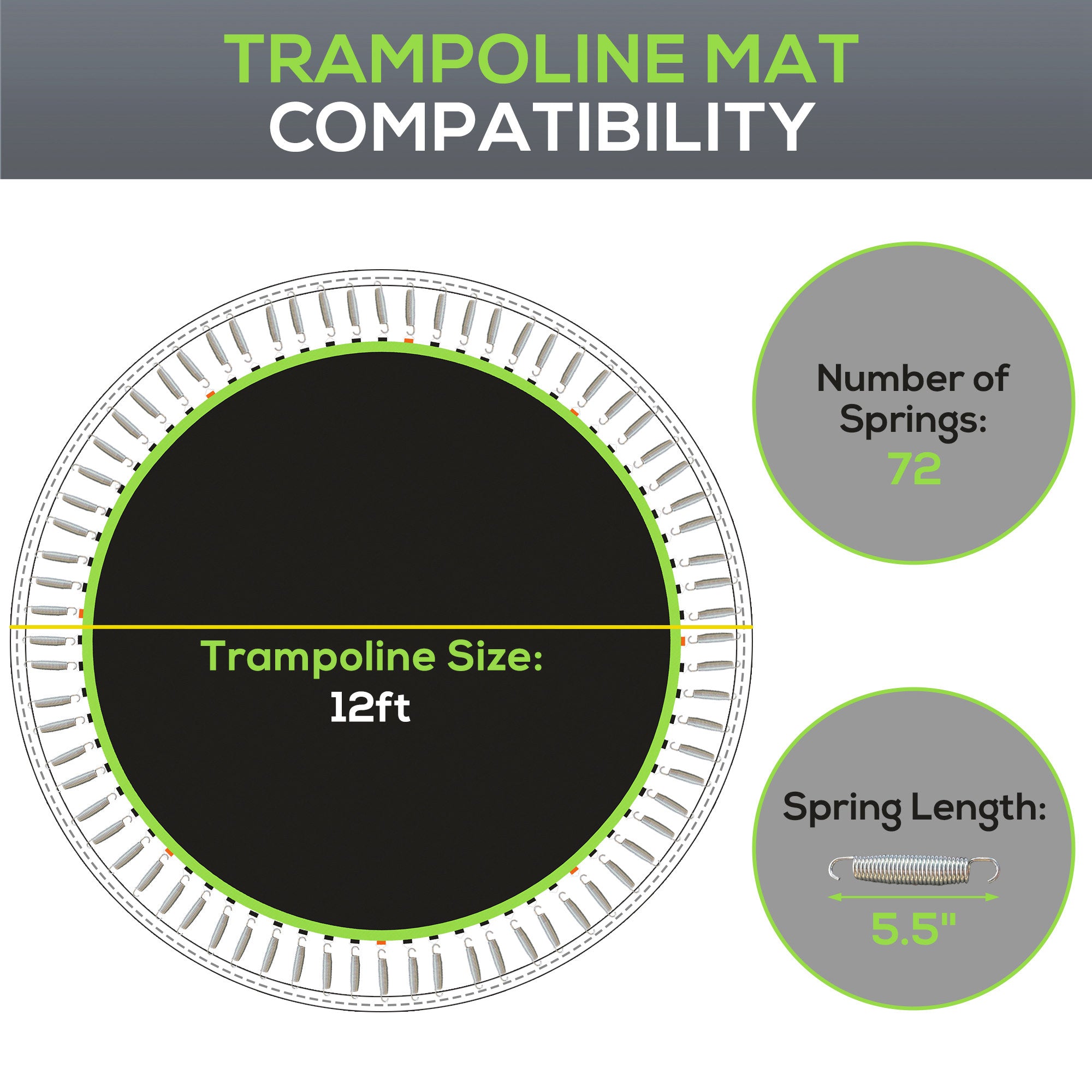 Trampoline Replacement Mat, Fits 12' Trampoline w/ 72 V-Hooks & 5.5" Springs (Spring & Frame not Included), Green