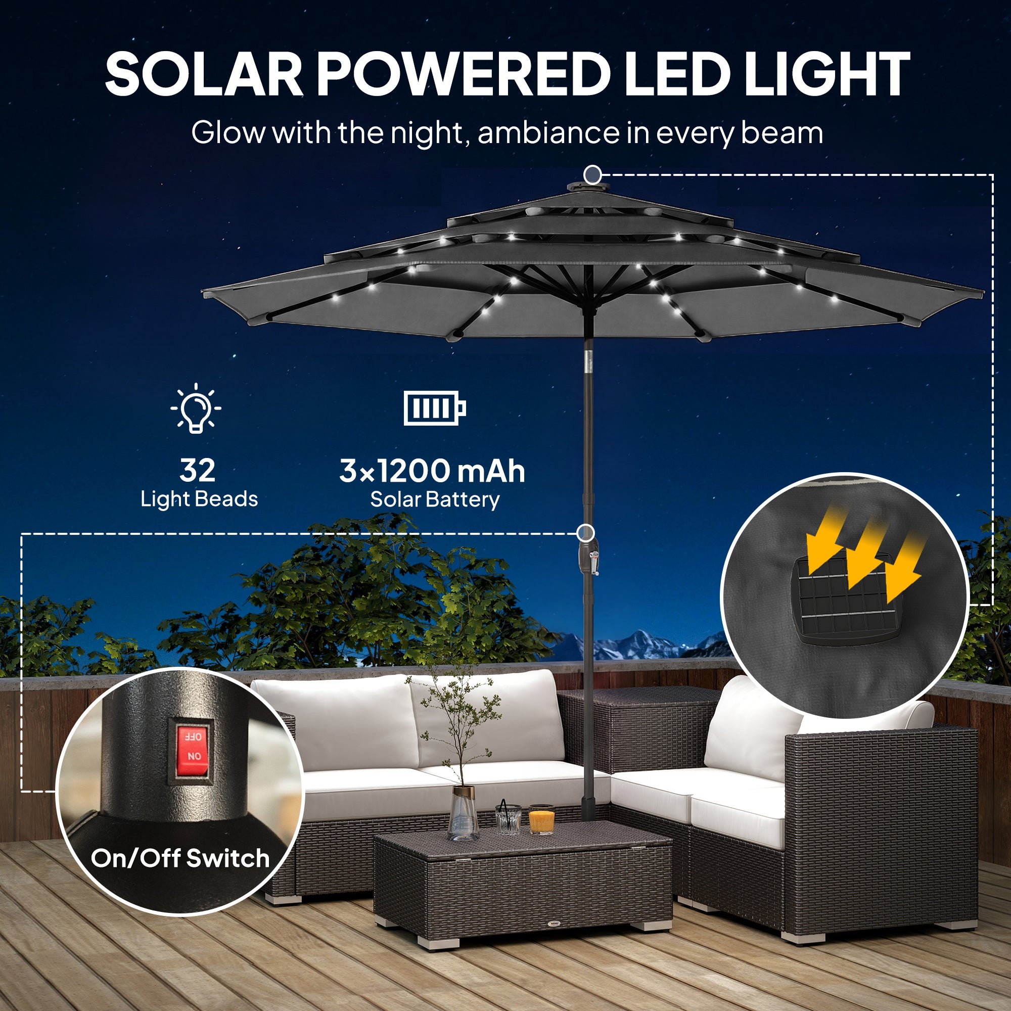 9.7 ft Outdoor Patio Umbrella with Solar LED Lights, 3 Tier Outdoor Table Umbrella with Tilt, Crank, Black