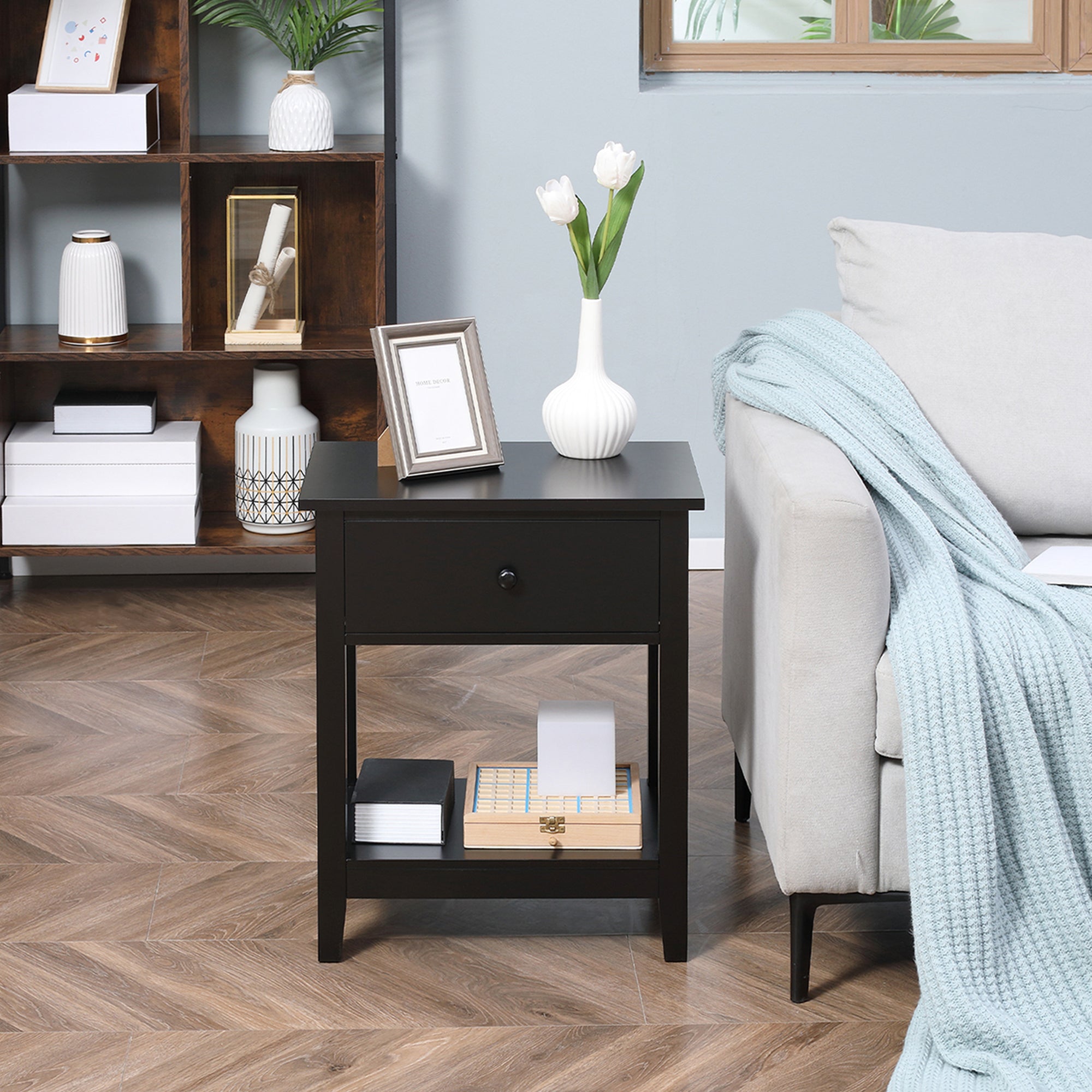Modern Side Table for Living Room, End Table, 2-tier Side Table with Drawer and Storage Shelf, Black
