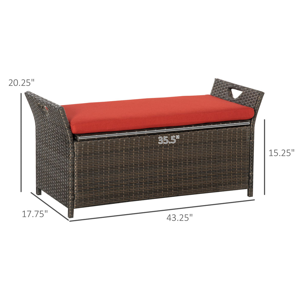 29 Gallon Patio Wicker Storage Bench, Outdoor PE Rattan Furniture, 2-In-1 Large Capacity Rectangle Garden Storage Box with Handles and Cushion, Red