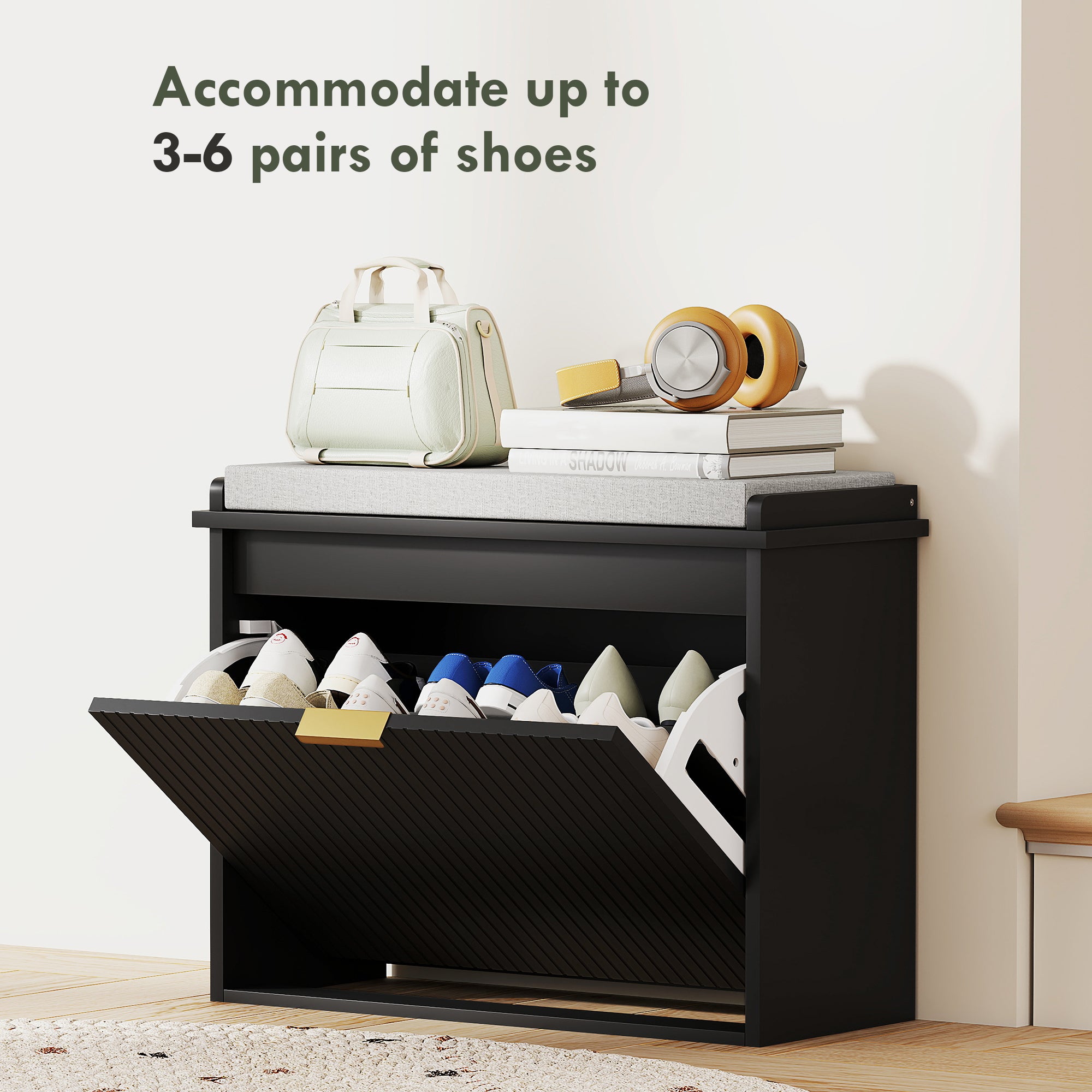 Shoe Storage Bench with Padded Seat Cushion and Flip-Drawer, Entryway Bench, Shoe Cabinet, 24.4x10.2x18.7 Inches, Black