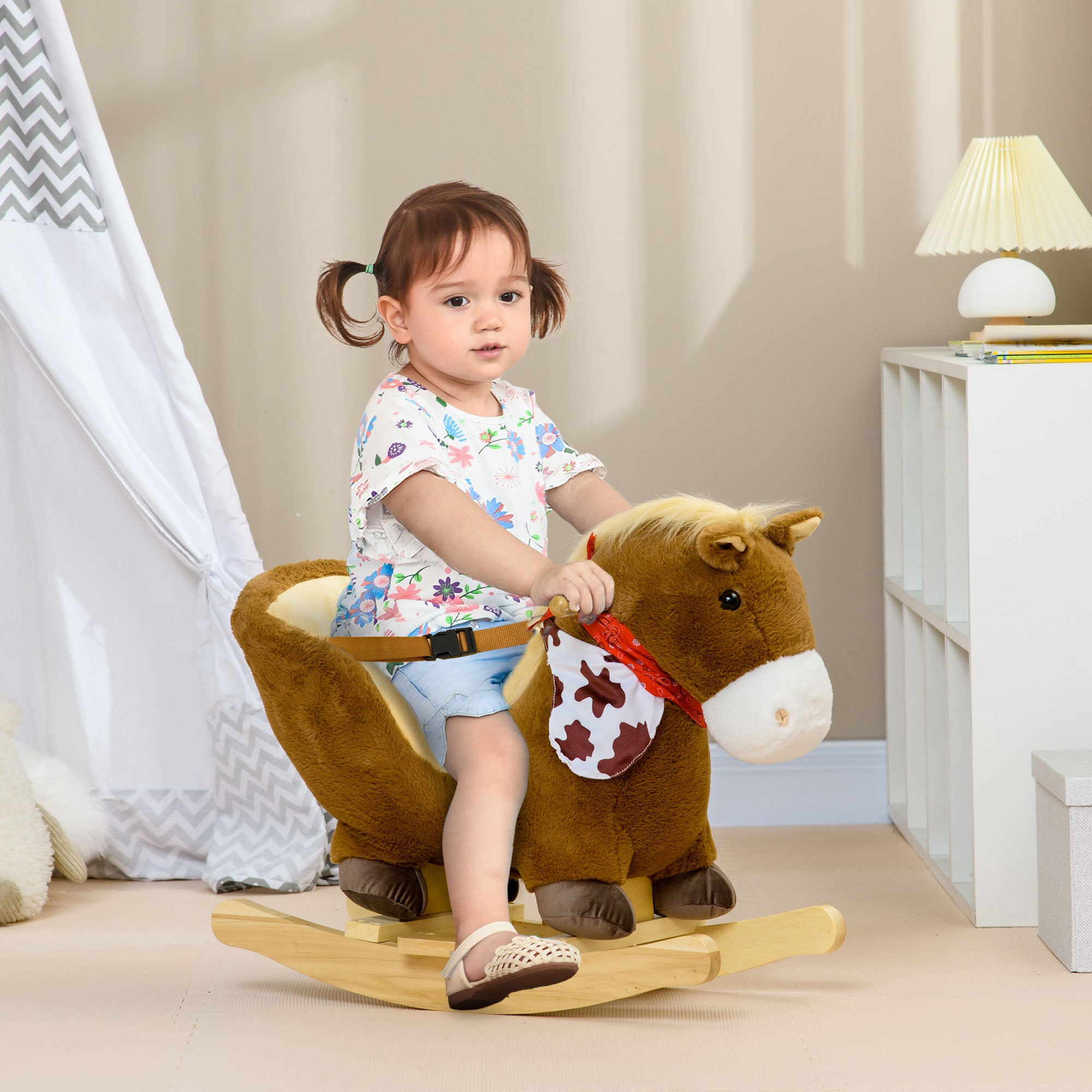 Baby Rocking Horse, Riding Horse, Plush Animal Rocker with Realistic Sound, Pedals for Ages 18-36 Months, Brown