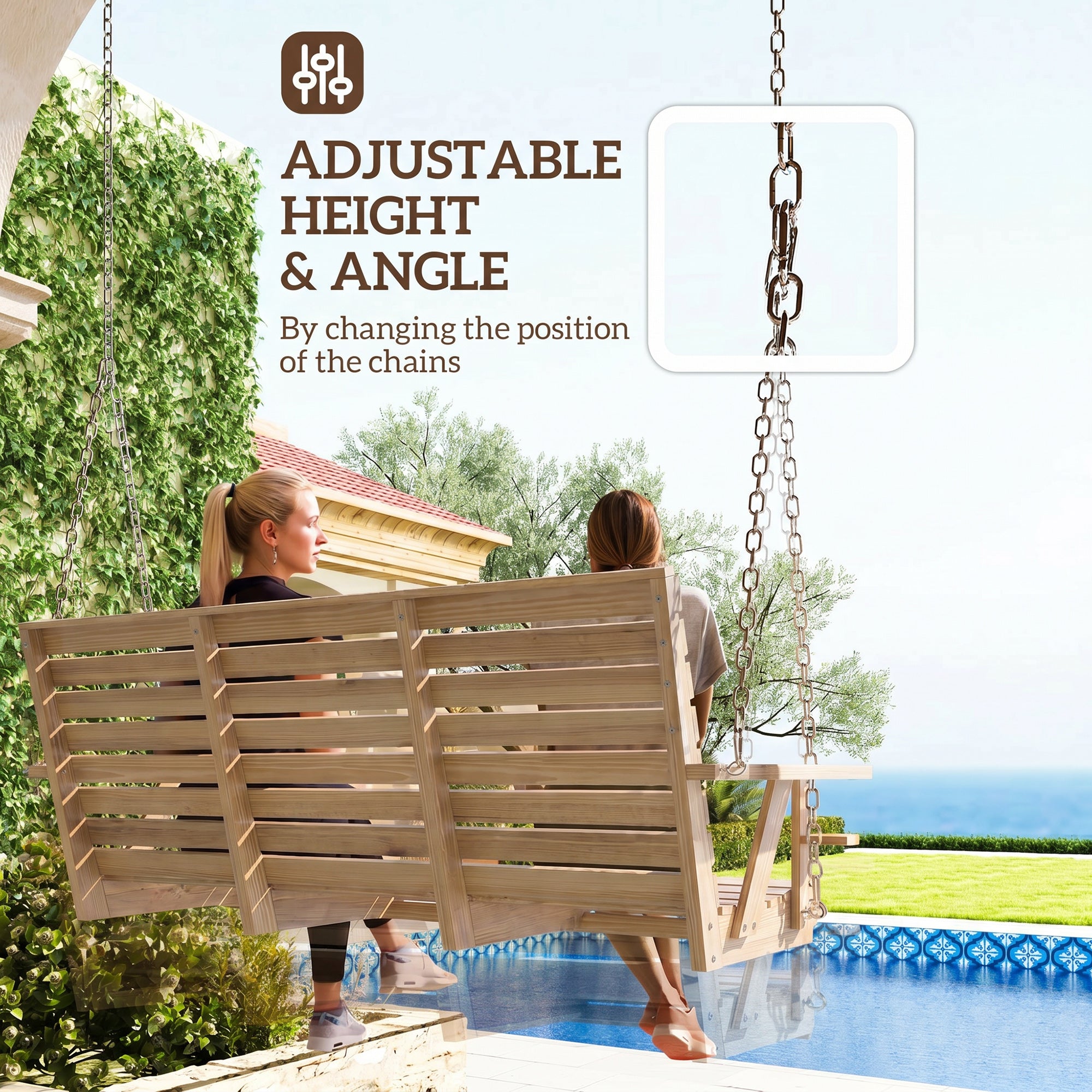3-Seater Swing Bench, Wooden Porch Swing with Cupholders, Hanging Chains for Patio Garden, Nature Wood