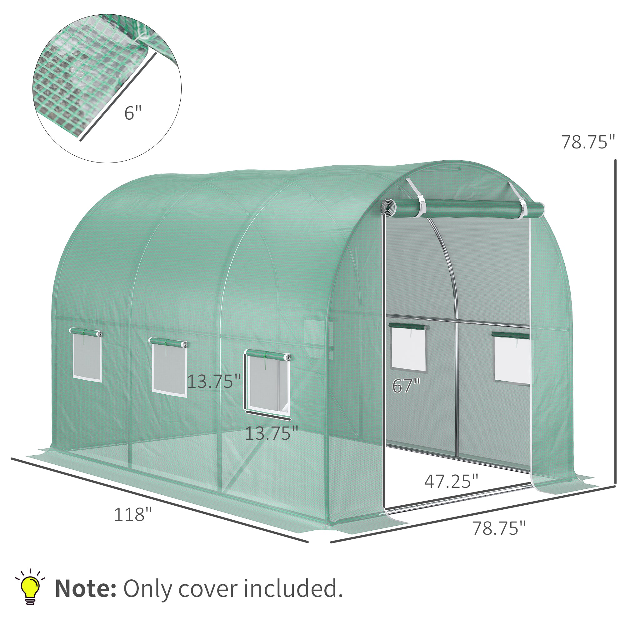 9.8' x 6.6' x 6.6' Plastic Greenhouse Cover Replacement, Heavy Duty Waterproof Tarp for Hoop House, Sheeting with 6 Windows, Door & Reinforcement Grid, Green
