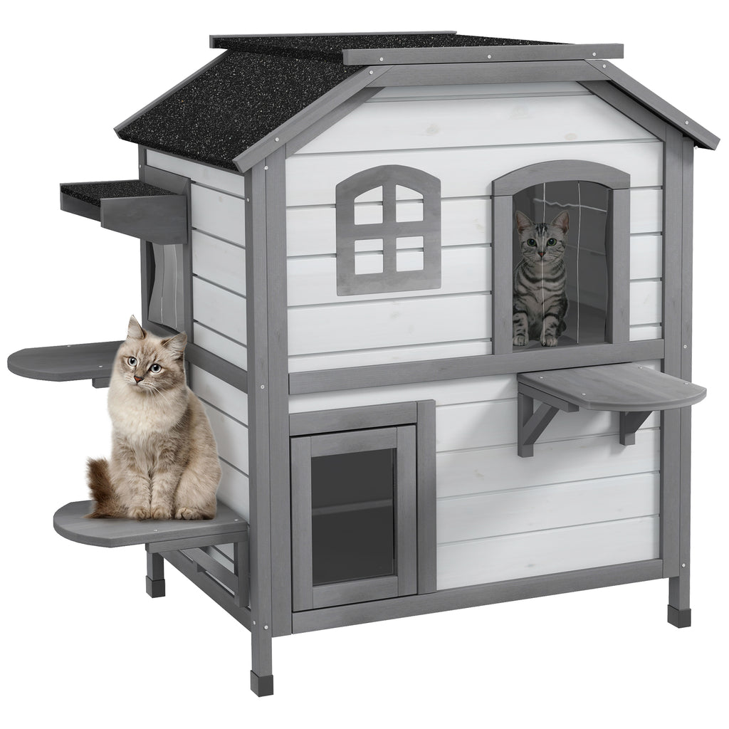 Wooden 2-Story Outdoor Cat House, Feral Cat Shelter Kitten Condo with Openable Asphalt Roof and 4 Platforms, White