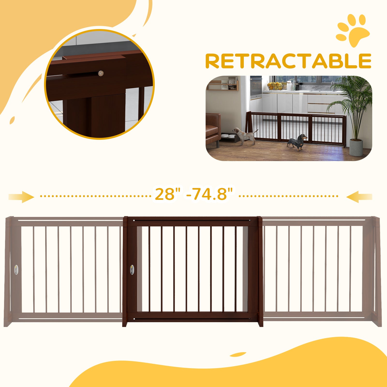 28"-75" Freestanding Wooden Pet Gate with Support Feet & Non-Slip Mats for Indoor, Stairway, Doorway, Brown