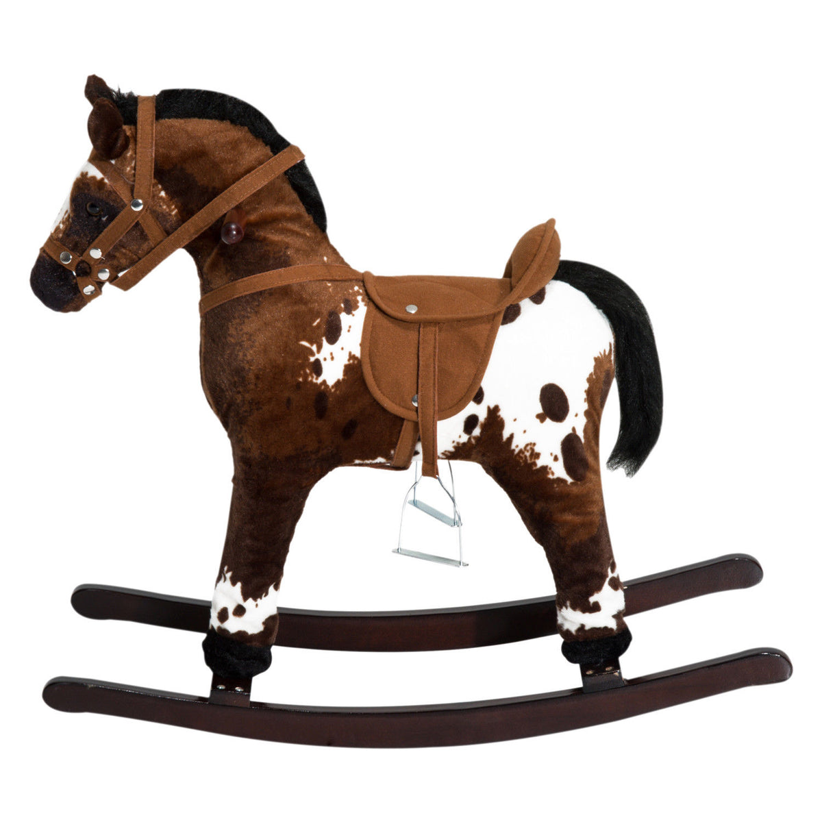 Kids Wooden Plush Ride-On Rocking Horse Chair Toy with Realistic Sounds Dark Brown/White