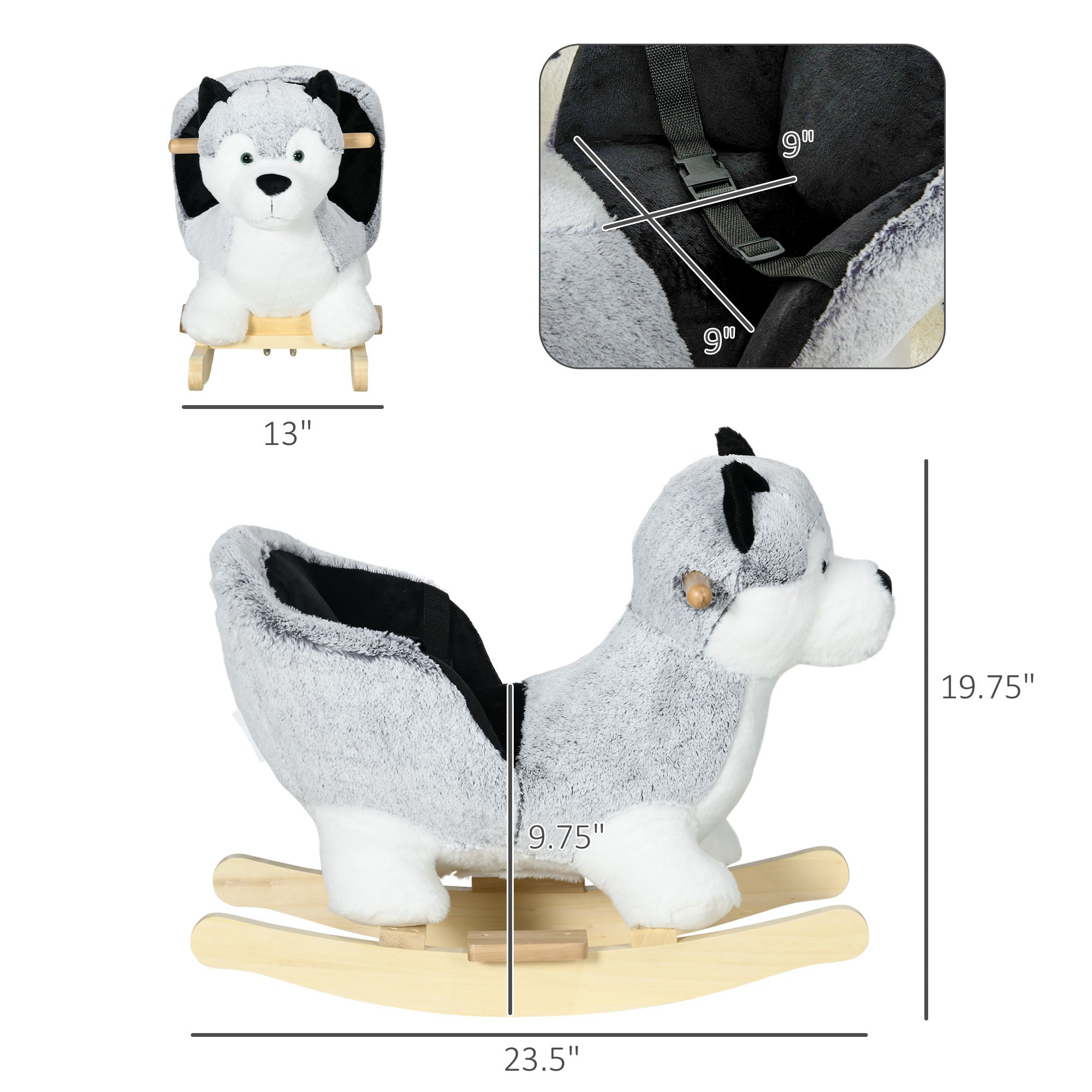 Toddler Rocking Chair Husky-Themed Rocking Animal with Wooden Base, Seat Belt for Kids 18-36 Months