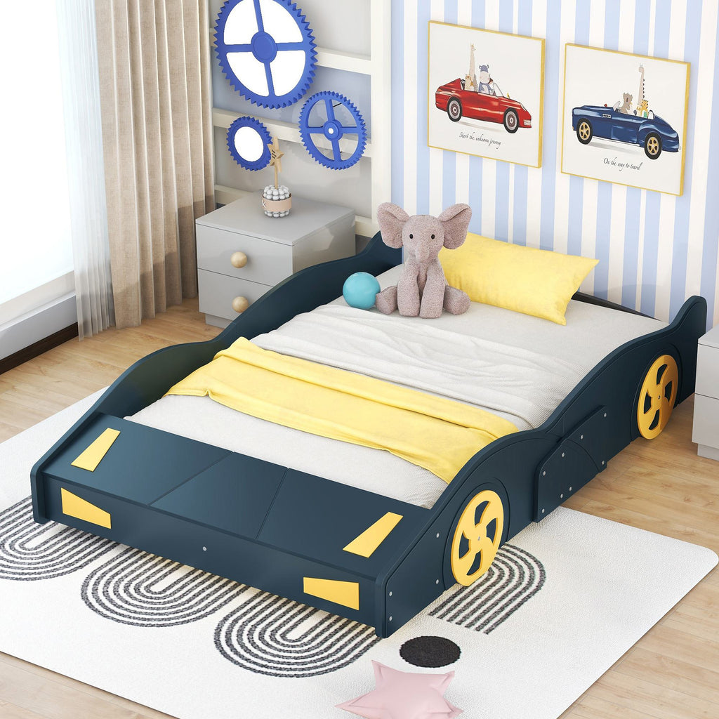 Full Size Race Car-Shaped Platform Bed with Wheels and Storage, Solid Wood and MDF, 90.5" L x 55" W x 15.5" H, Dark Blue