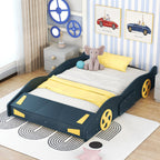 Full Size Race Car-Shaped Platform Bed with Wheels and Storage, Solid Wood and MDF, 90.5" L x 55" W x 15.5" H, Dark Blue