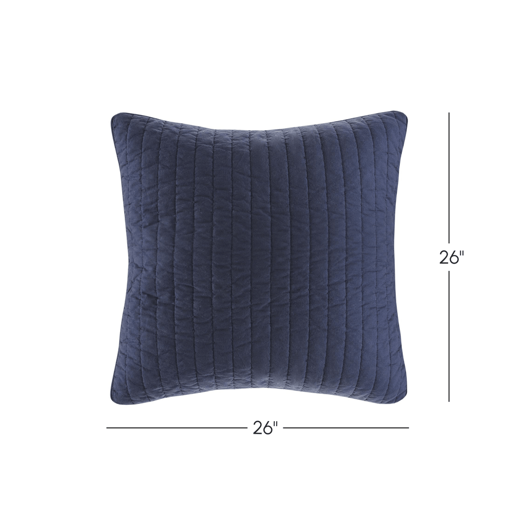 Machine Washable Cotton Quilted Euro Sham with Hidden Zipper, Embroidered Pillow Cover for Home Decor, 26" L x 26" W x 0.25" H, Navy