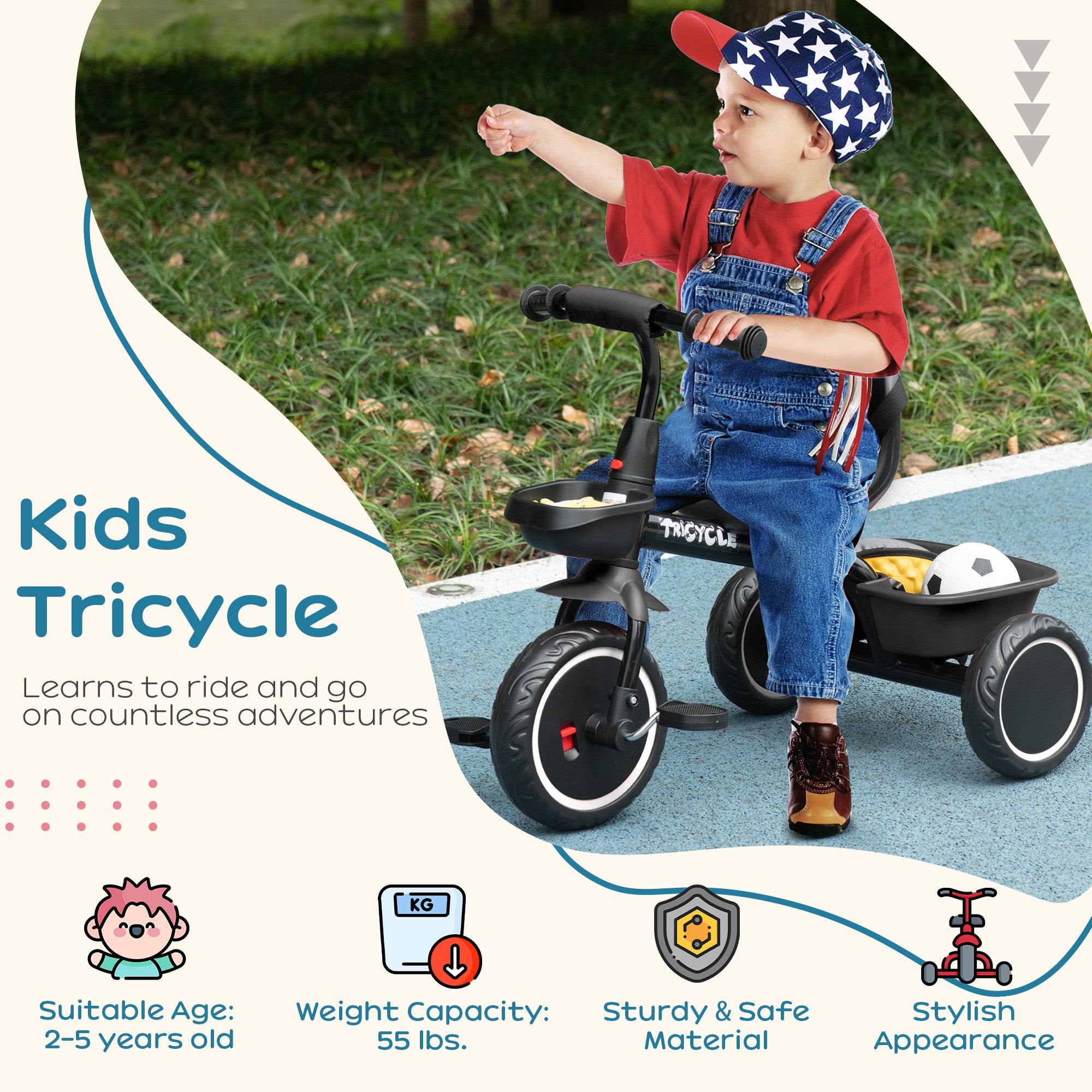 Tricycle for Toddlers Age 2-5 with Adjustable Seat, Storage Baskets, Black