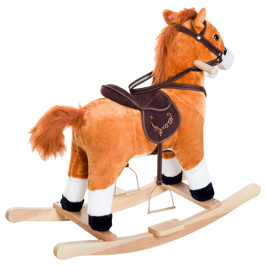 Kids Plush Toy Rocking Horse, Wooden Ride-on Chair, Plush Animal Rocker with Realistic Sounds and Moving Tail for Toddlers, Brown