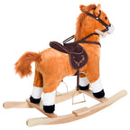 Kids Plush Toy Rocking Horse, Wooden Ride-on Chair, Plush Animal Rocker with Realistic Sounds and Moving Tail for Toddlers, Brown