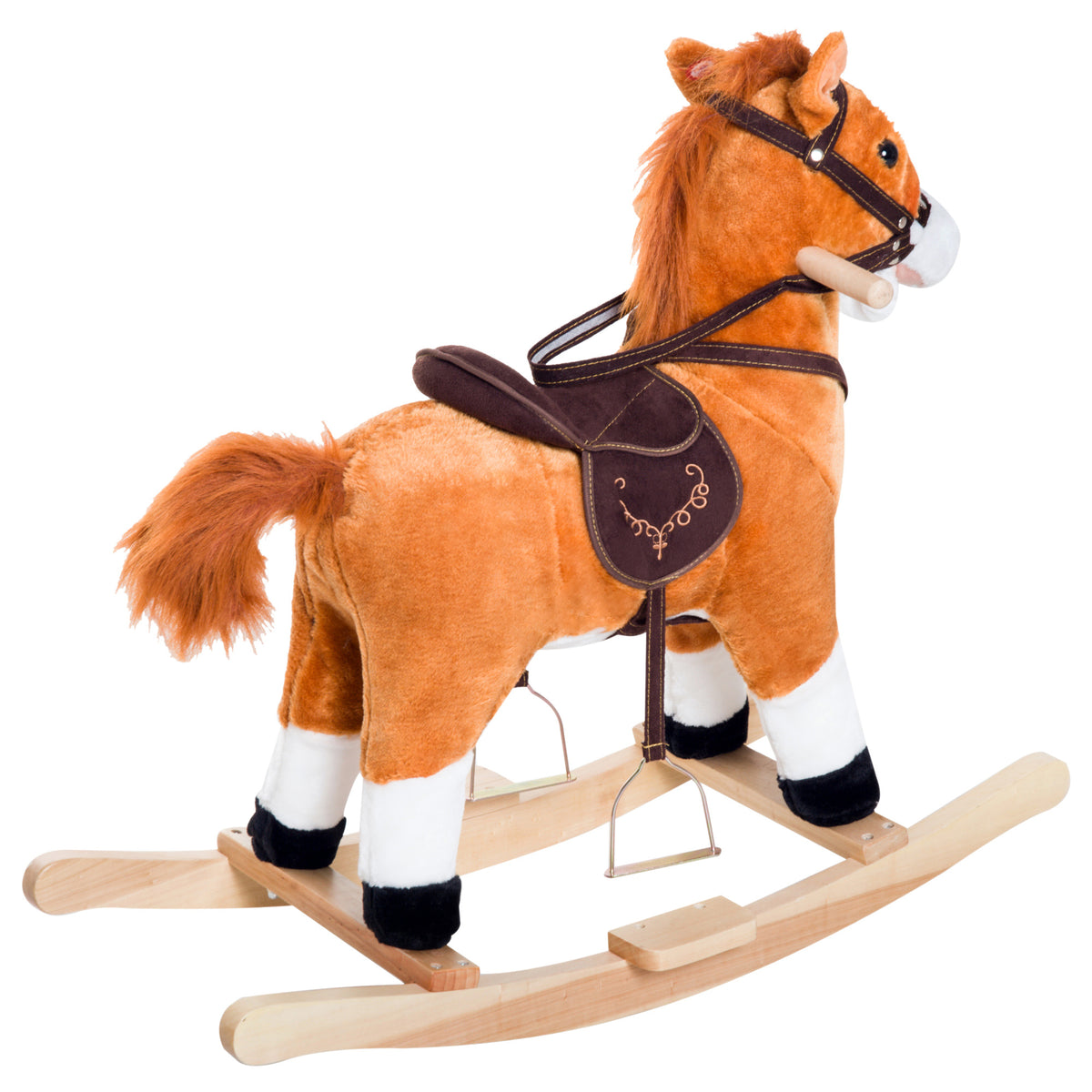 Kids Plush Toy Rocking Horse, Wooden Ride-on Chair, Plush Animal Rocker with Realistic Sounds and Moving Tail for Toddlers, Brown