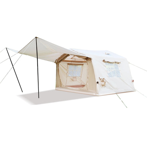 4-Season Camping Tent with Extended Awning and Higher Sidewalls, Waterproof Family Tent with Dual Doors, 126″ L x 98.5″ W x 82.5″ H, Beige