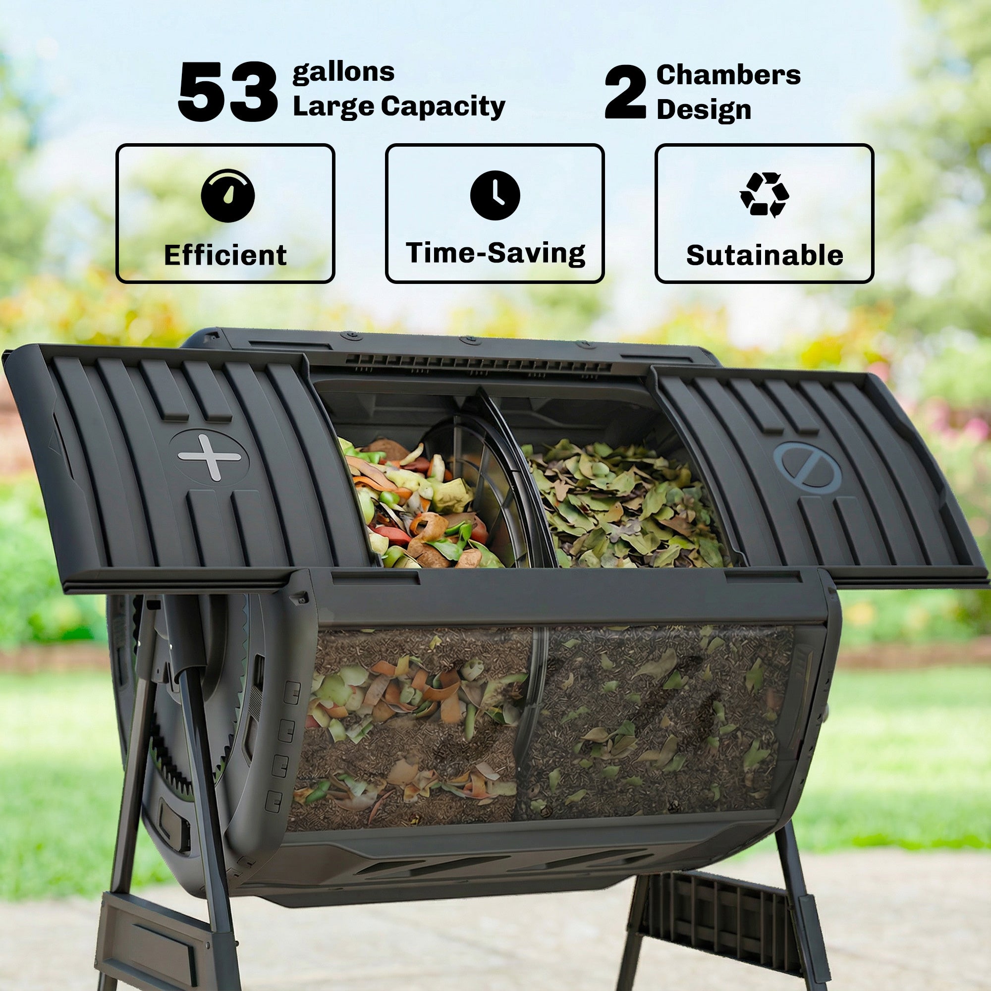 Compost Bin Outdoor, 53 Gal Dual Chamber Tumbling Composter with Adjustable Vents, BPA Free Tumbling Composter, Black
