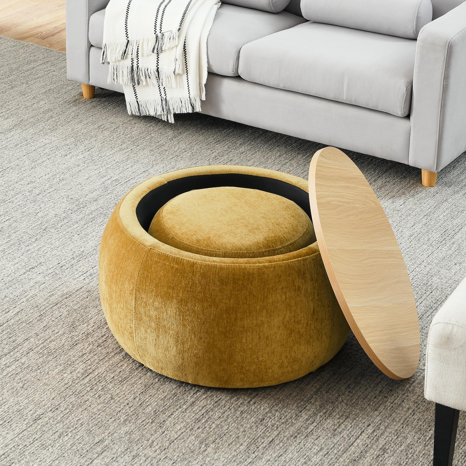 2-in-1 Round Storage Ottoman with Removable Top for Storage, End Table with Eucalyptus Wood Frame, 25" L x 25" W x 15" H, Dark Yellow