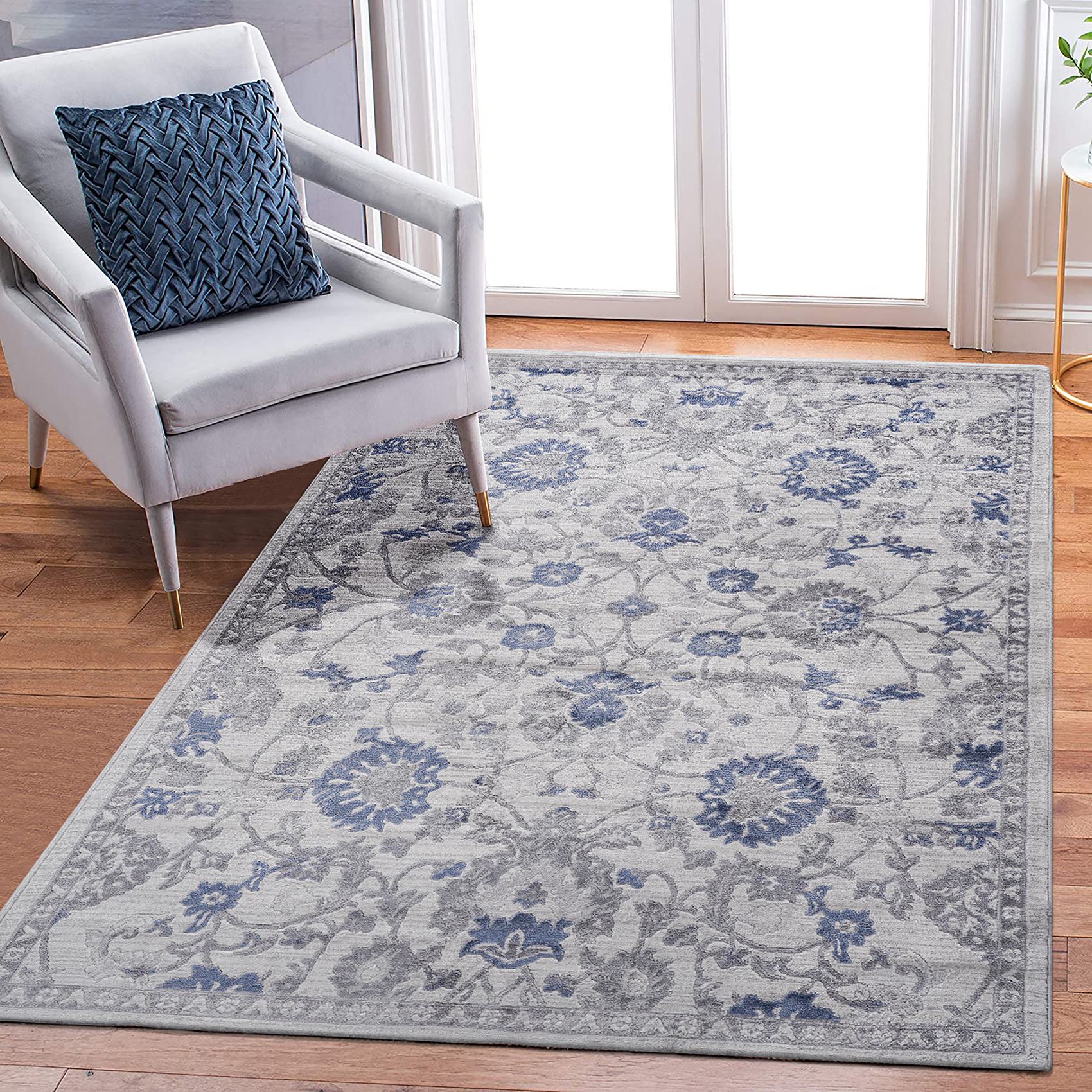 Naar 5x7 Stain-Resistant Rug with Cotton Backing, Non-Shedding Design, Kid and Pet-Friendly Carpet, 90" L x 63" W x 0.35" H, Blue