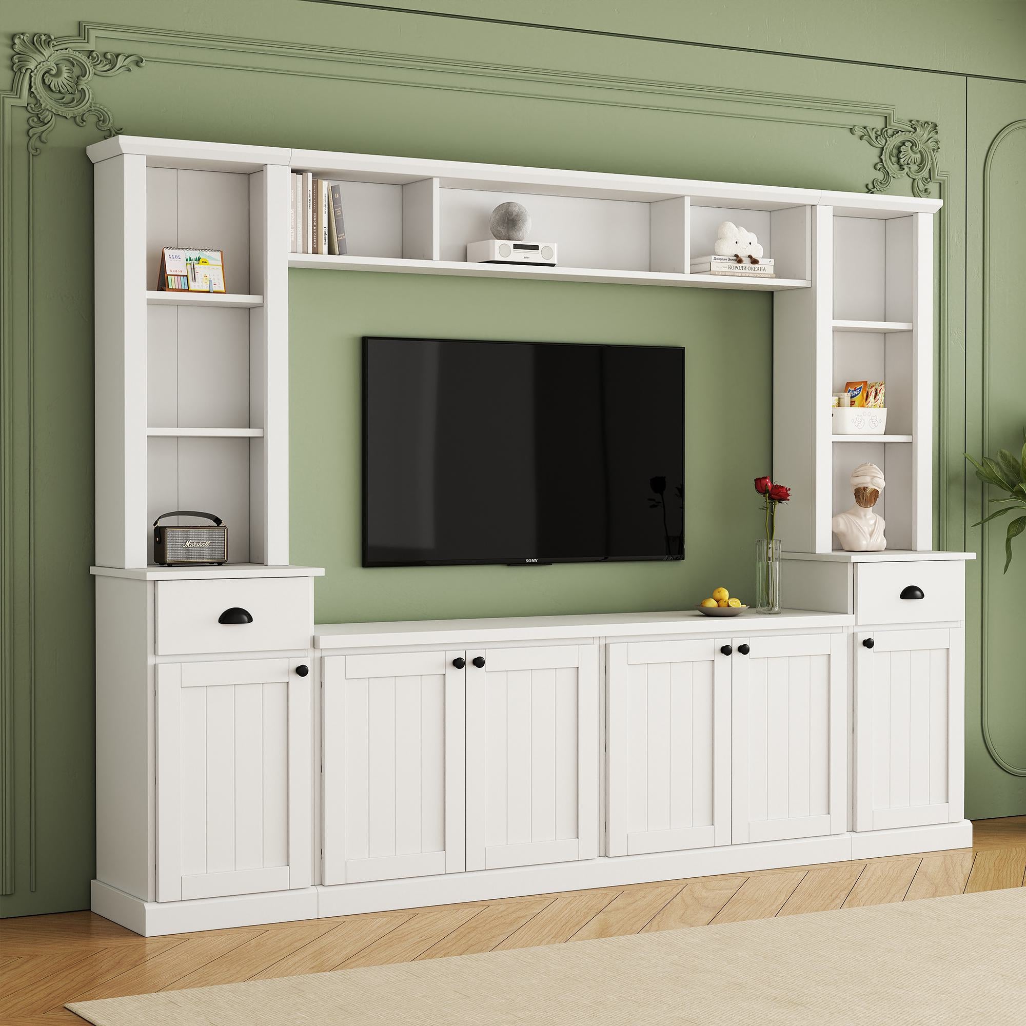 Minimalist Storage TV Stand for TVs Up to 75" with Adjustable Shelves, Entertainment Wall Unit Set for Living Room, 103" L x 15" W x 77" H, White