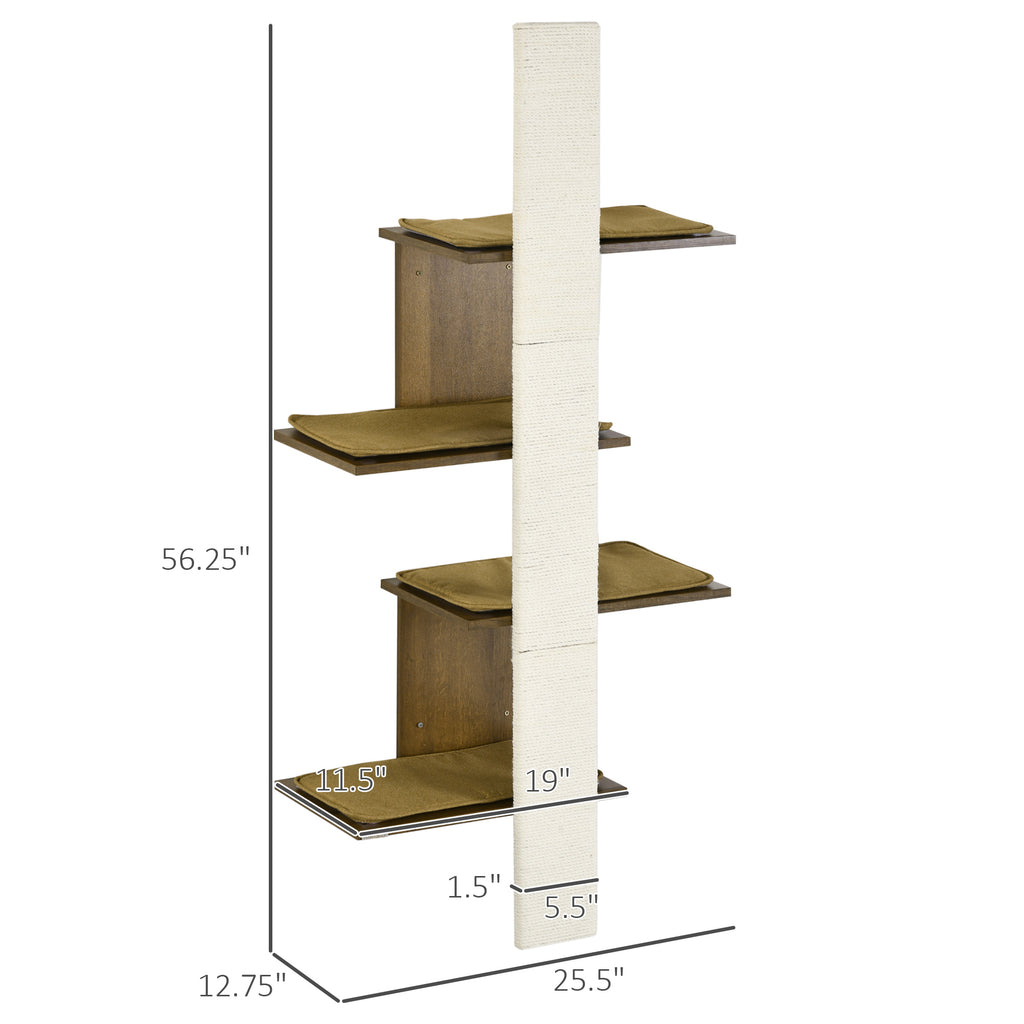 Wall-Mounted Cat Tree, 4-Layer Cat Wall Shelves Furniture with Scratching Board, Kitten Activity Center with Cushions, Natural