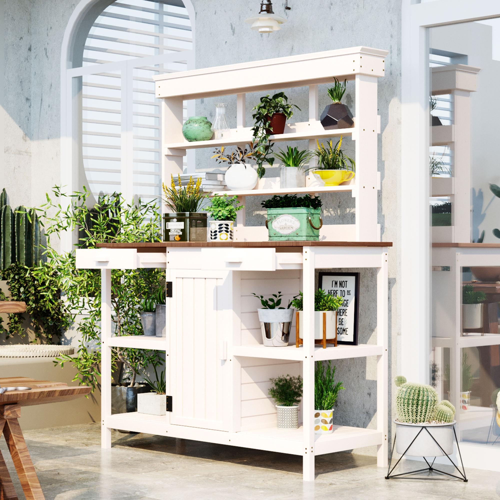 Large Wooden Potting Bench with 2 Drawer, Cabinet, Open Shelf, Farmhouse Garden Workstation for Backyard, 50'' L x 19.5'' W x 66'' H, White