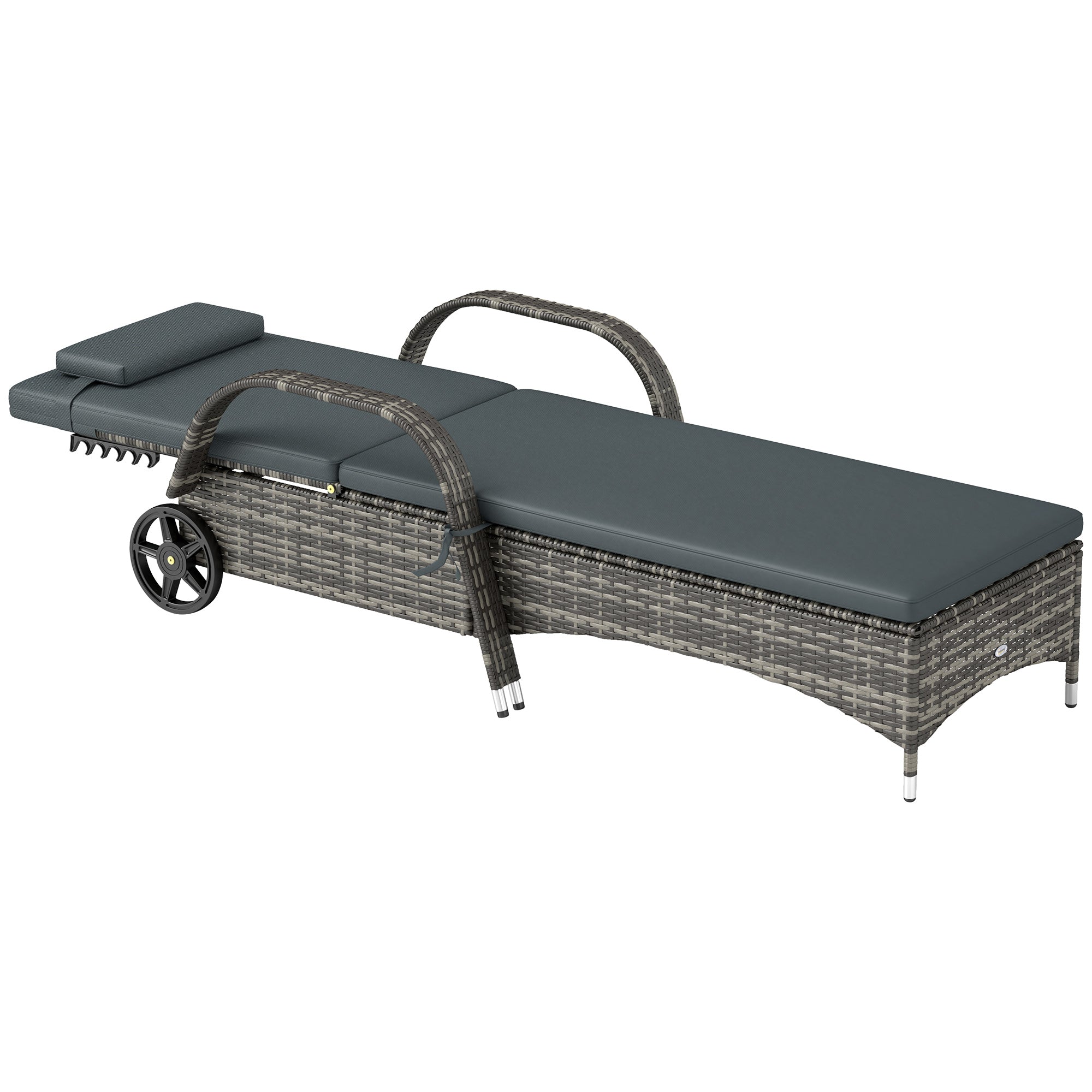 Outdoor Chaise Lounge, 5-Level Adjustable Backrest Rattan Pool Lounge Chair with Wheels, Cushion & Headrest, Black