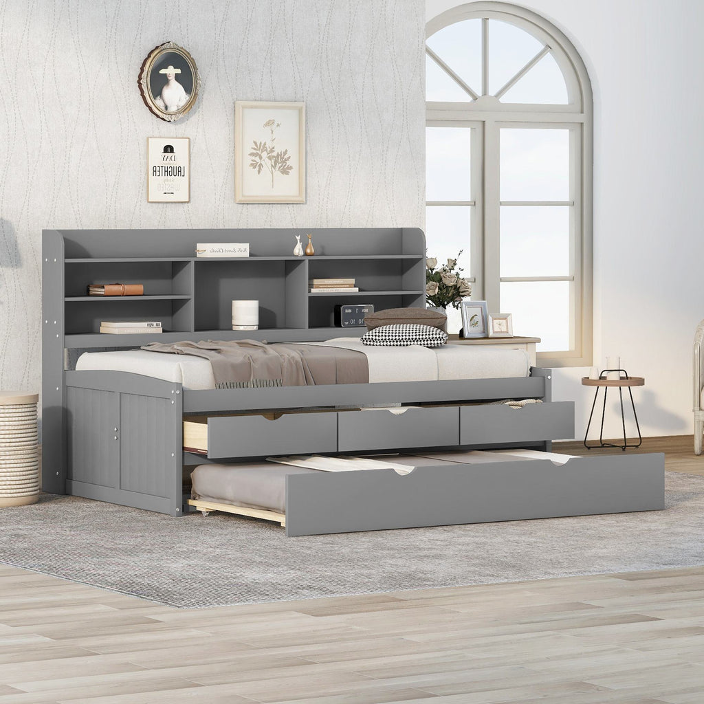 Classic Style Twin Size Wooden Captain Bed with Built-in Bookshelves, 3 Storage Drawers, and Trundle, 77.5" L x 88" W x 47" H, Grey