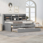 Classic Style Twin Size Wooden Captain Bed with Built-in Bookshelves, 3 Storage Drawers, and Trundle, 77.5" L x 88" W x 47" H, Grey