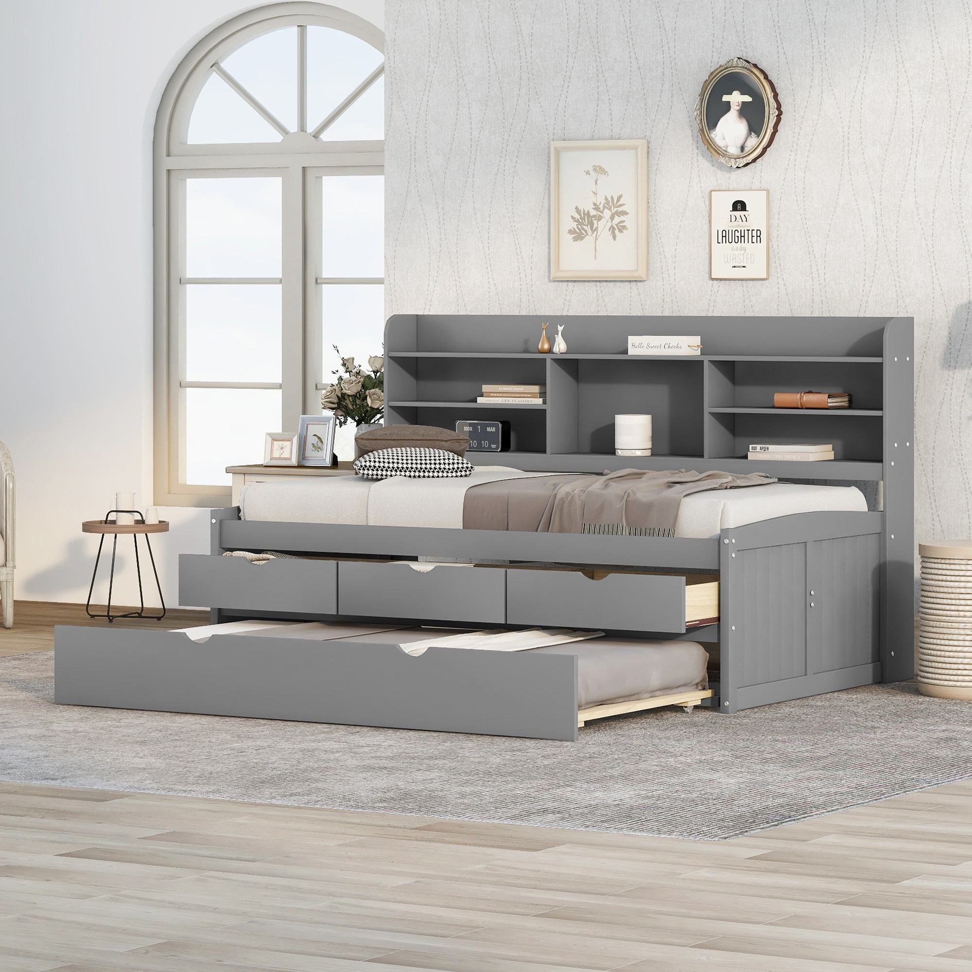 Classic Style Twin Size Wooden Captain Bed with Built-in Bookshelves, 3 Storage Drawers, and Trundle, 77.5" L x 88" W x 47" H, Grey