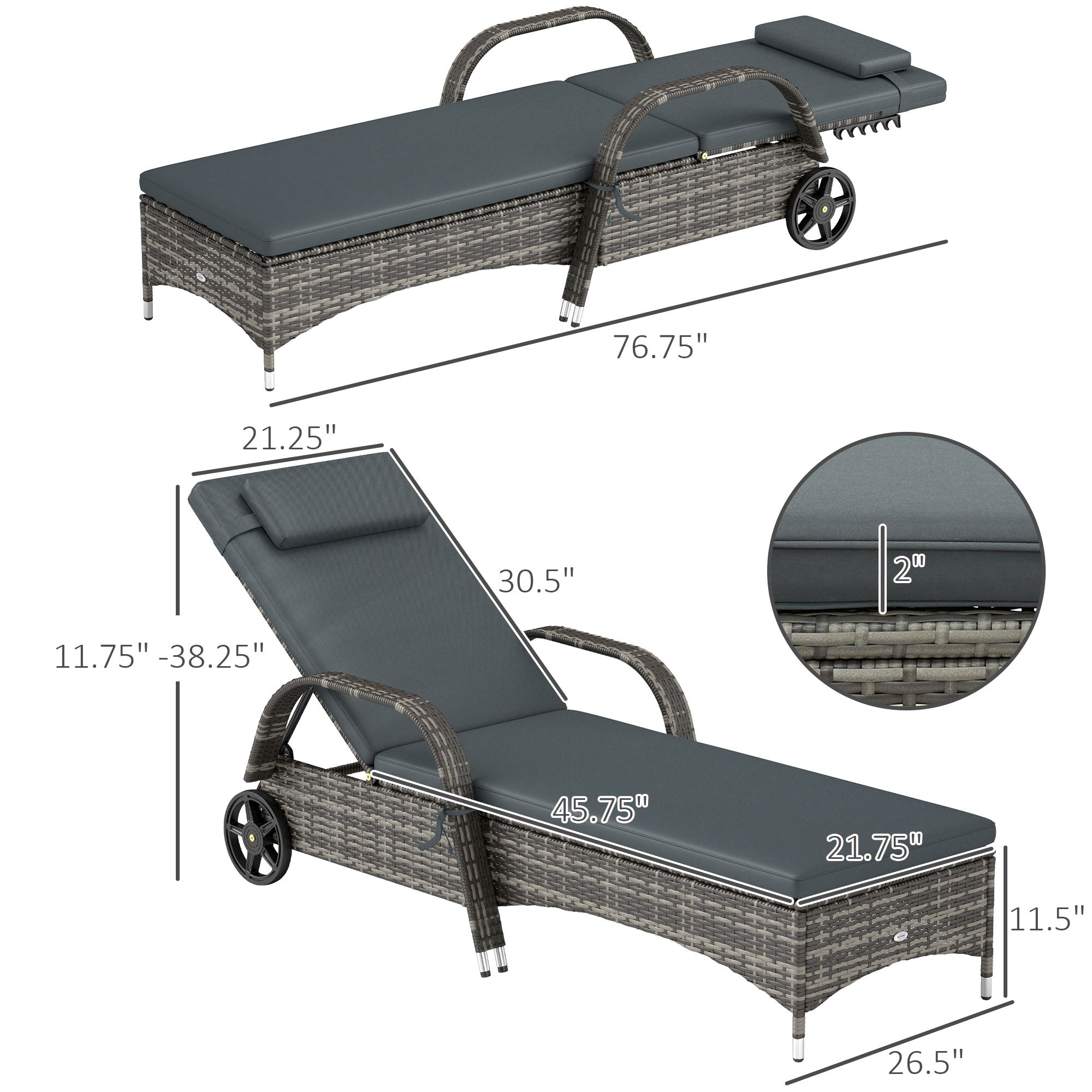 Outdoor Chaise Lounge, 5-Level Adjustable Backrest Rattan Pool Lounge Chair with Wheels, Cushion & Headrest, Black