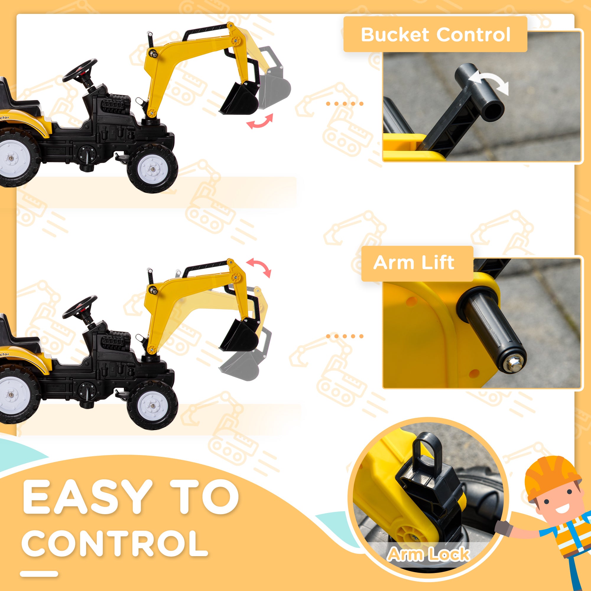 Digger Ride-on Truck Kids Car with Horn, Excavator Ride-on Toy, Imaginative Toy Construction Car, 6 Wheels & Detachable Trailer, Yellow