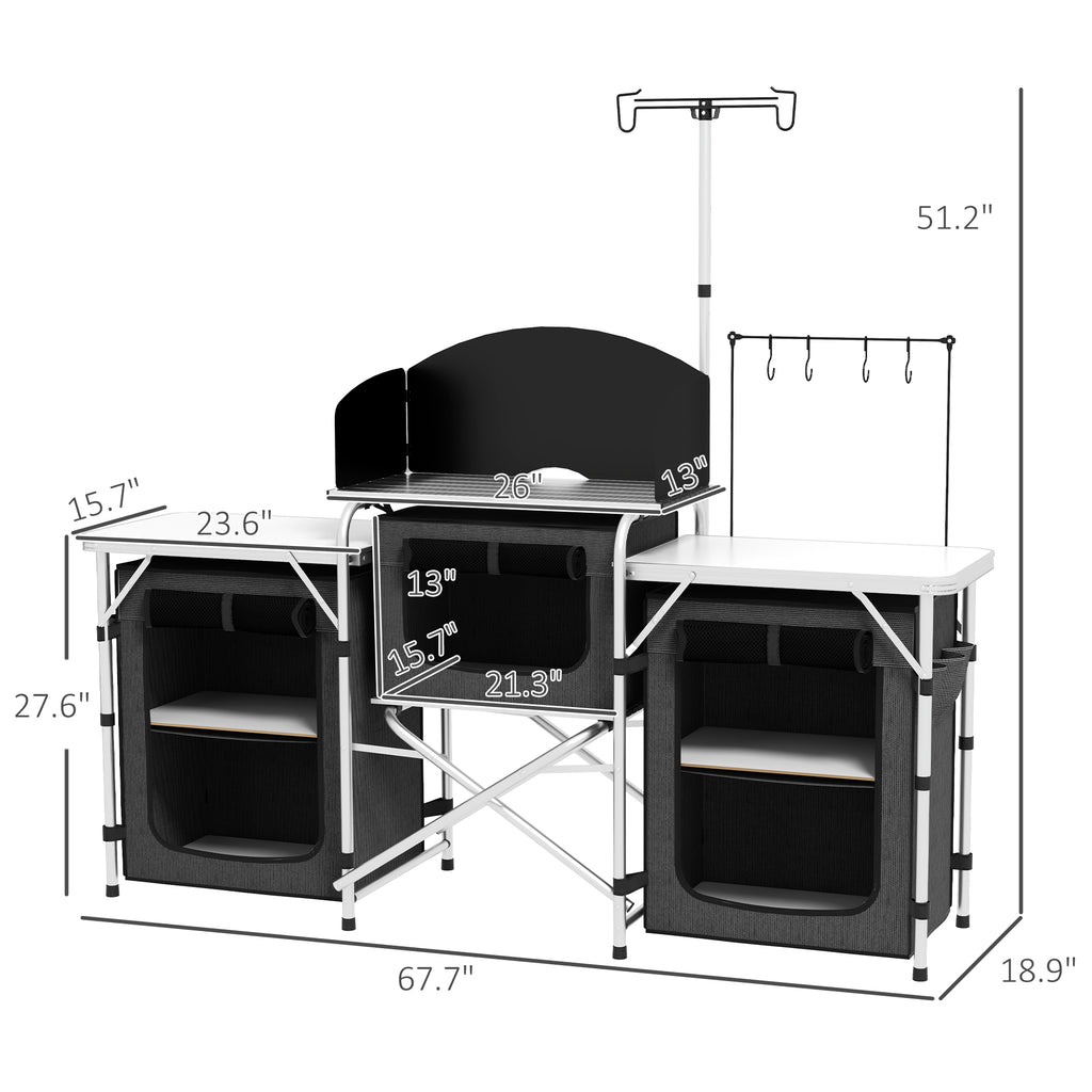 Aluminum Camping Kitchen, Portable Folding Camping Table with Fabric Cupboards, Windshield, Bag for BBQ, Picnic, Black