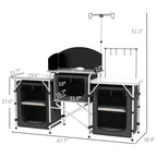 Aluminum Camping Kitchen, Portable Folding Camping Table with Fabric Cupboards, Windshield, Bag for BBQ, Picnic, Black