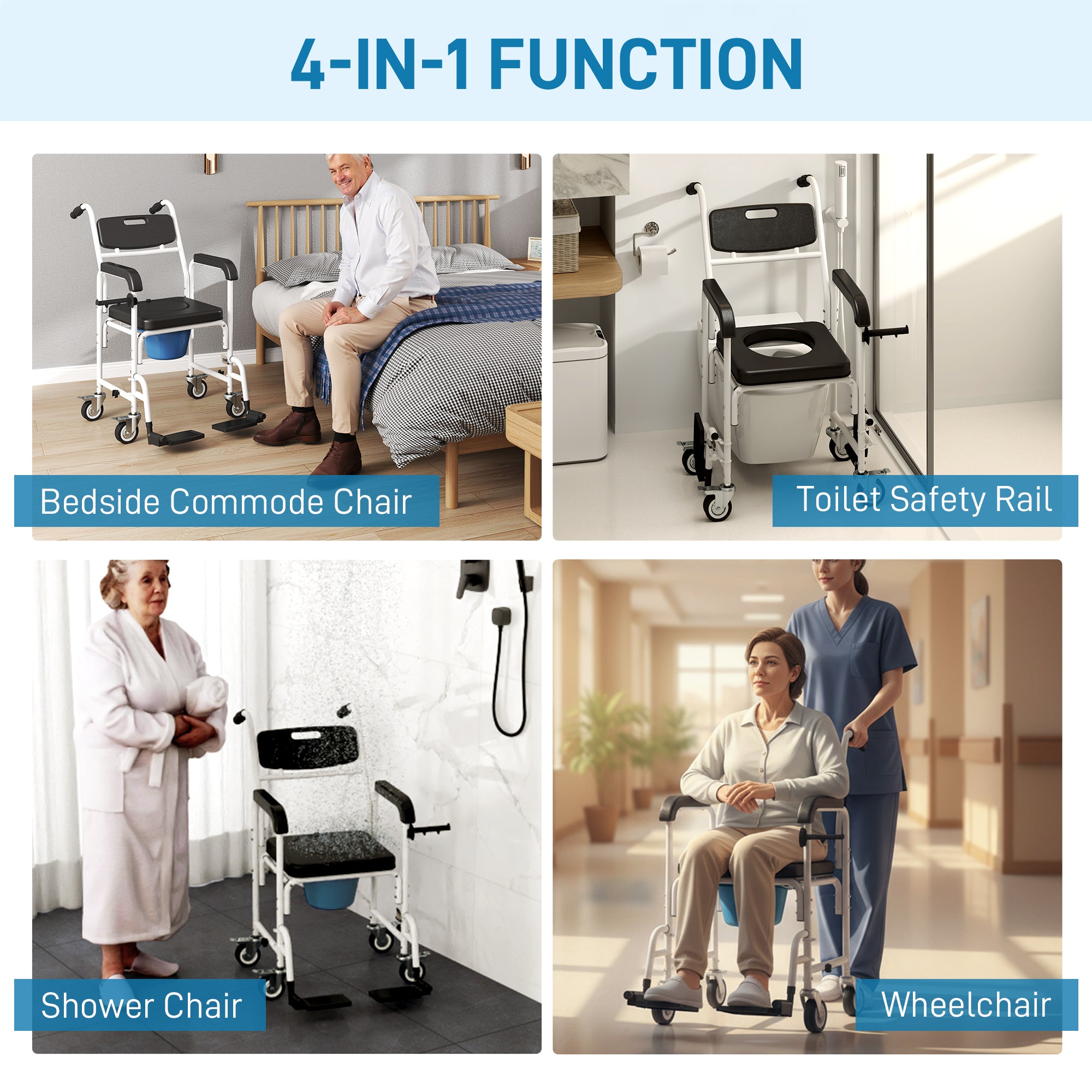 Rolling Shower Wheelchair for Seniors, Bedside Commode Chair with Locking Wheels, Seat, Backrest, Arms, Black
