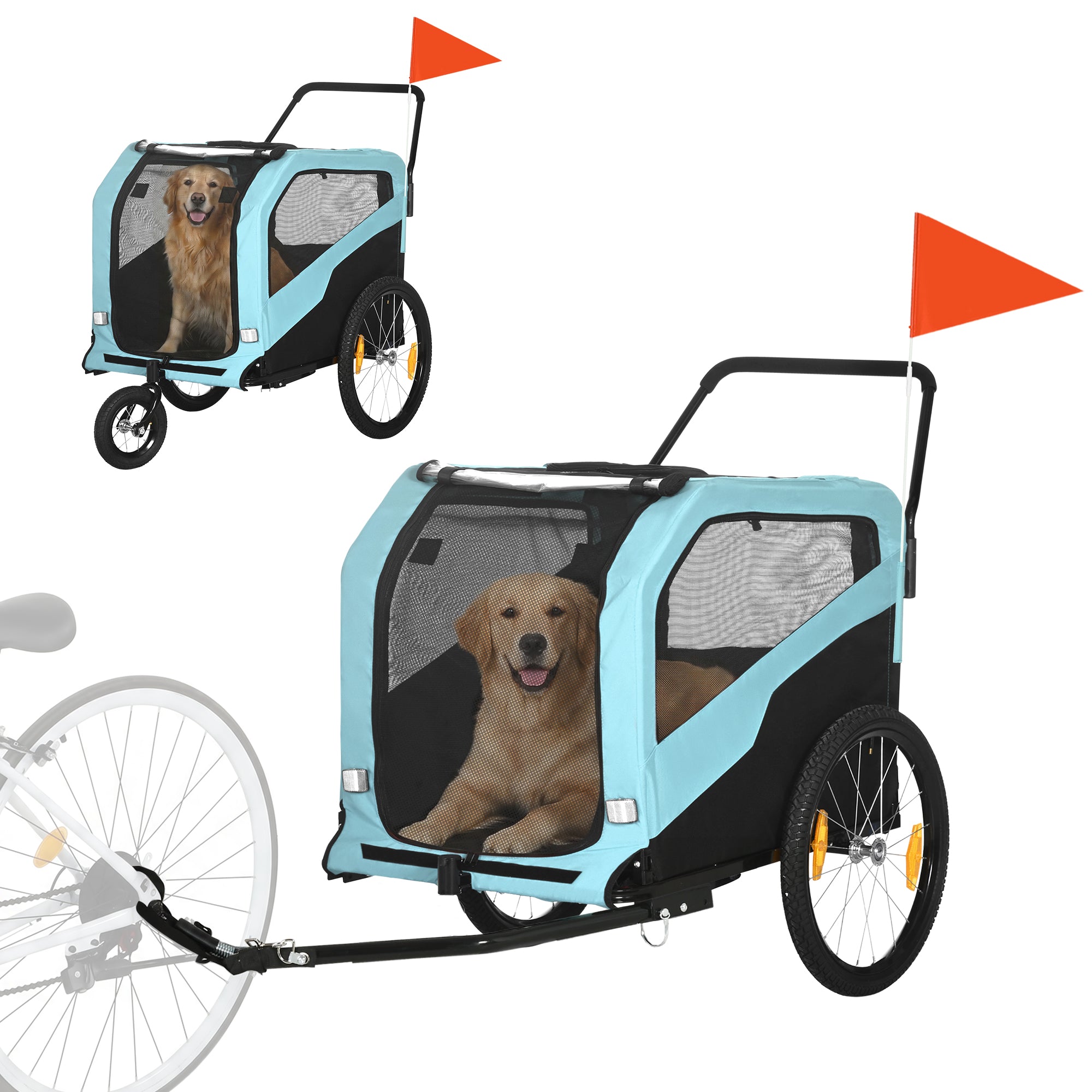 2-in-1 Dog Bike Trailer Pet Stroller Carrier for Large Dogs with Hitch, Quick-release Wheels, Foot Support, Pet Bicycle Cart Wagon Cargo for Travel, Blue