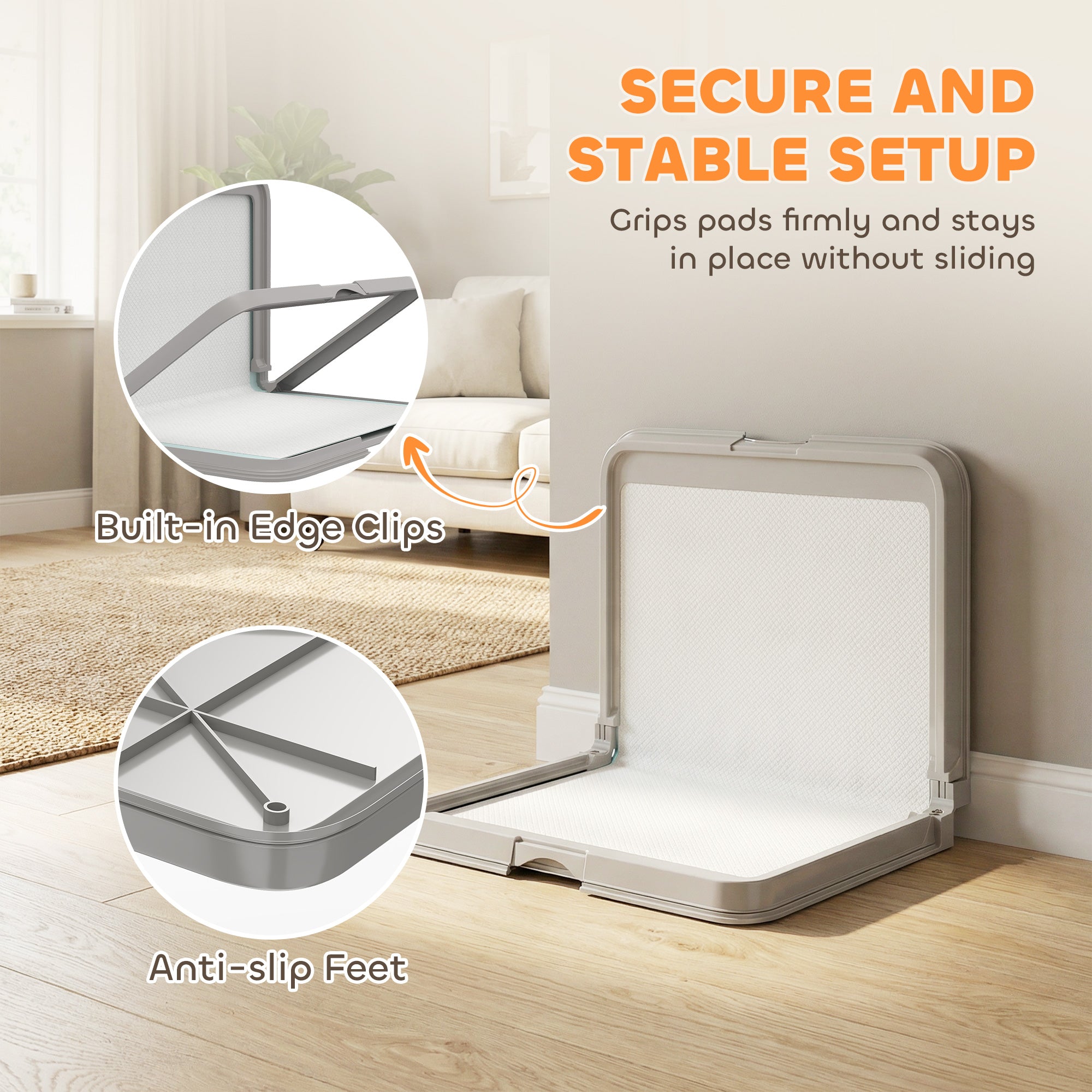 Pee Pad Holder Foldable Dog Litter Box with 3 Disposable Pads, 33.9" x 24.4", Gray