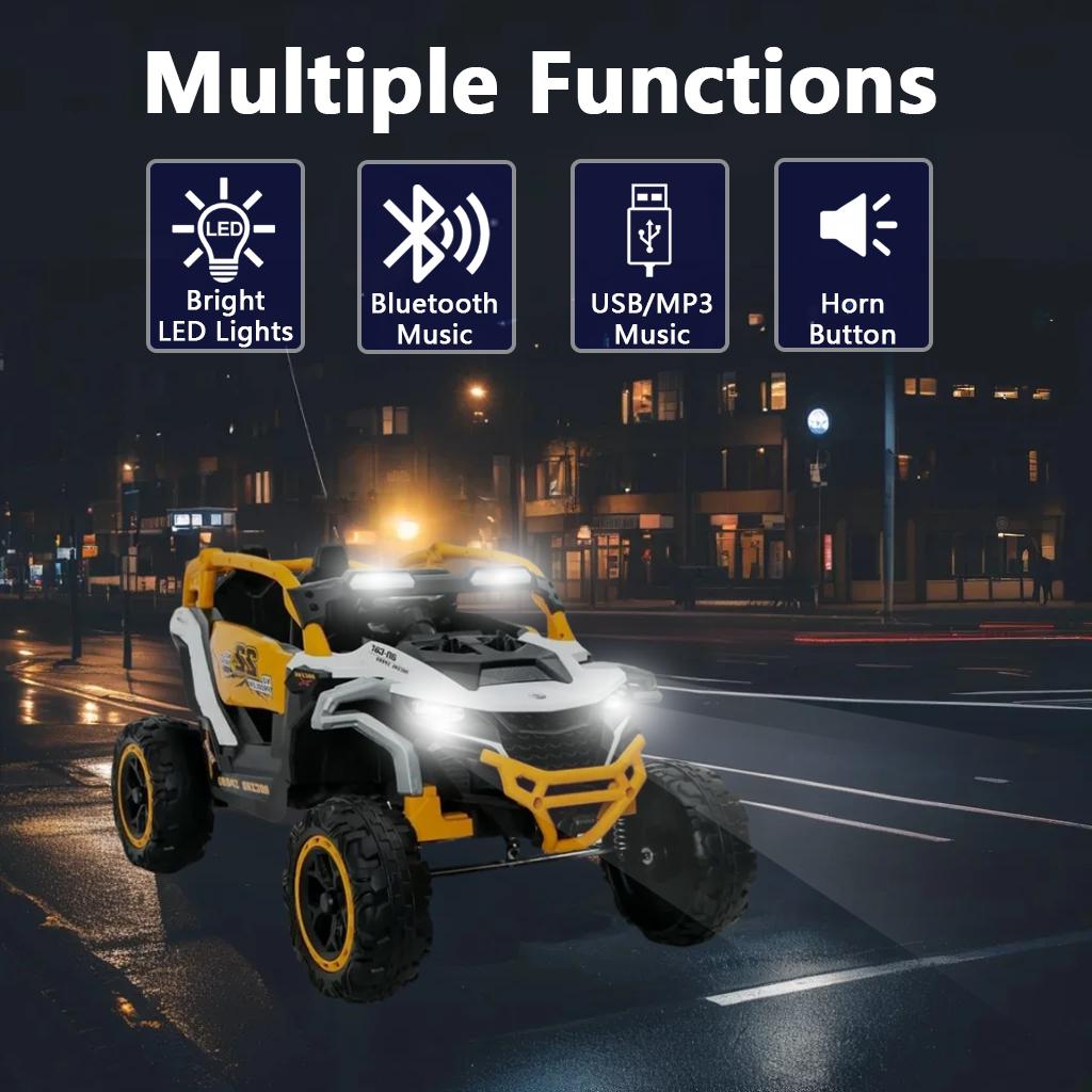 12V 2-Seater Kids Electric UTV Ride-On with Remote Control, Electric Go-Kart with Music & Flashlights, 45.5" L x 28.5" W x 24.5" H, Yellow+White